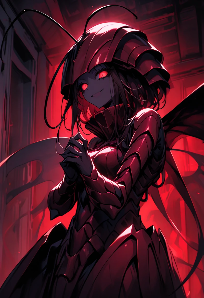 a destroyed city red and black with a giant shadow see form far