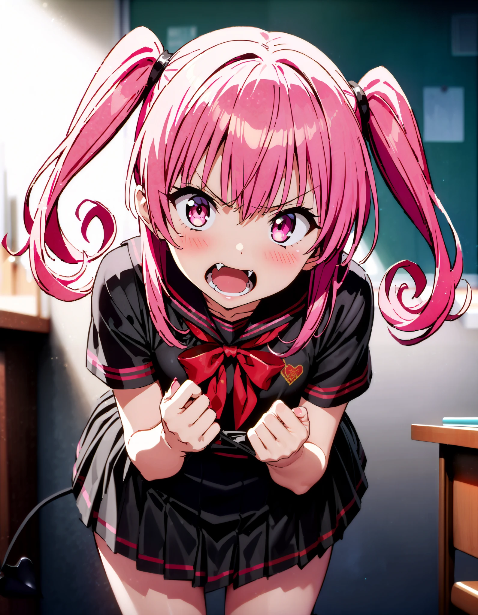 Nana Devil, Nana Asta Deviluk,Solo fangs , long hair, pink eye, pink hair with a scar, demon tail , Twin Tails, small tits, Embarrassing,blush,Angry, open their mouths,Black sailor suit, black mini pleated skirt ,Black socks,Brown loafers, Tight skirt tug, style lifting hold the skirt with both hands,whole bodyがイラストに入るように,
break looking at viewer,whole body,
break indoors, classroom,
break (masterpiece:1.2), top quality, high resolution, unity 8k 壁紙 , (shape:0.8), ( attention to beautiful details :1.6), Highly Detailed Face , perfect lighting, highly detailed CG, ( perfect hand, perfect anatomy),