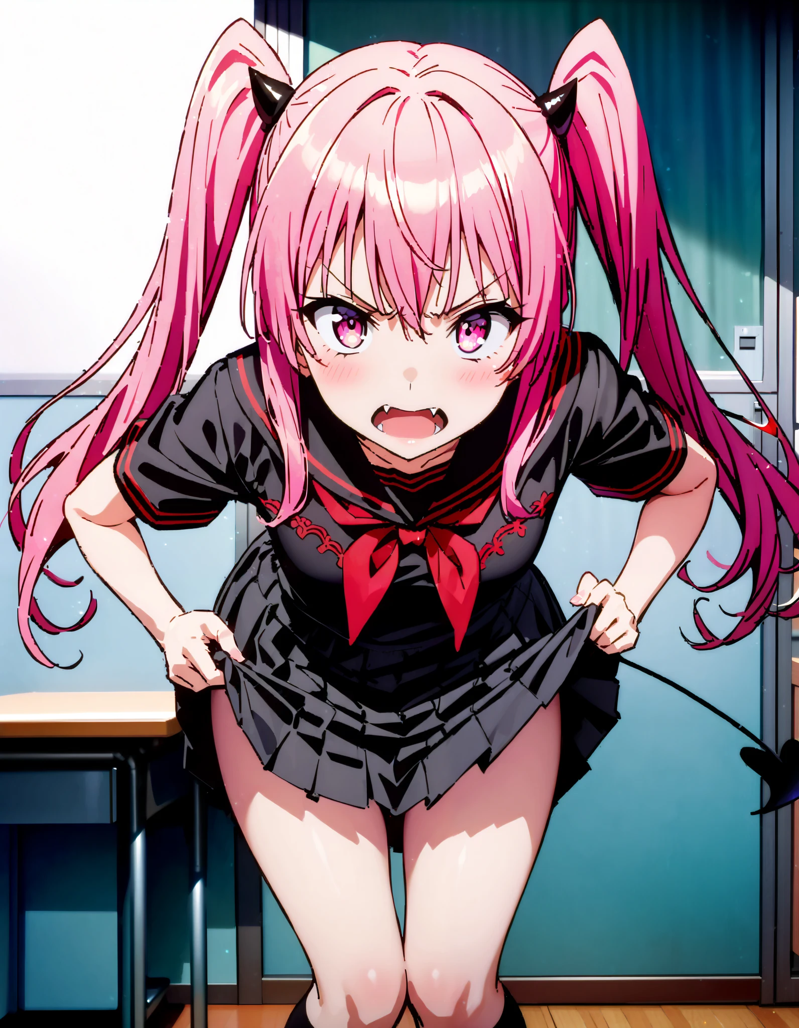 Nana Devil, Nana Asta Deviluk,Solo fangs , long hair, pink eye, pink hair with a scar, demon tail , Twin Tails, small tits, Embarrassing,blush,Angry, open their mouths,Black sailor suit, black mini pleated skirt ,Black socks,Brown loafers, Tight skirt tug, style lifting hold the skirt with both hands,whole bodyがイラストに入るように,
break looking at viewer,whole body,
break indoors, classroom,
break (masterpiece:1.2), top quality, high resolution, unity 8k 壁紙 , (shape:0.8), ( attention to beautiful details :1.6), Highly Detailed Face , perfect lighting, highly detailed CG, ( perfect hand, perfect anatomy),