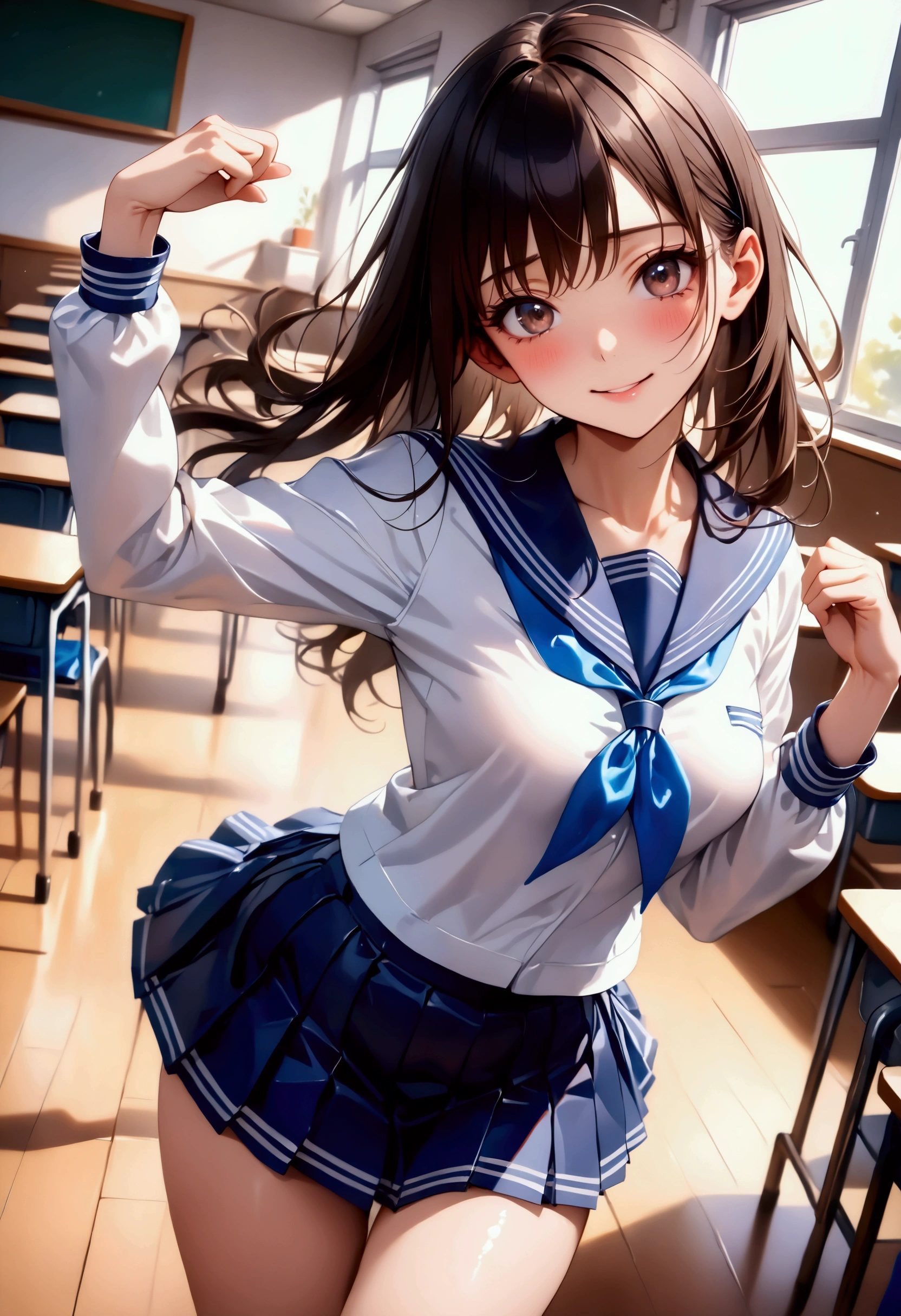 (high quality, 8k, 4K, High Contrast, masterpiece:1.2, highest quality, Best aesthetics), 1 female, (In perspective) beautiful and cute woman, The perfect 18 year old, Japanese、Brown Hair、Straight hair,long hair,blunt bangs,oily skin,small breasts,、Sailor suit、blue neckerchief、Pleated mini skirt、classroom、Japanese School、(Intricately detailed environments),(Textures and environments、Professional photos、Perfect lighting).