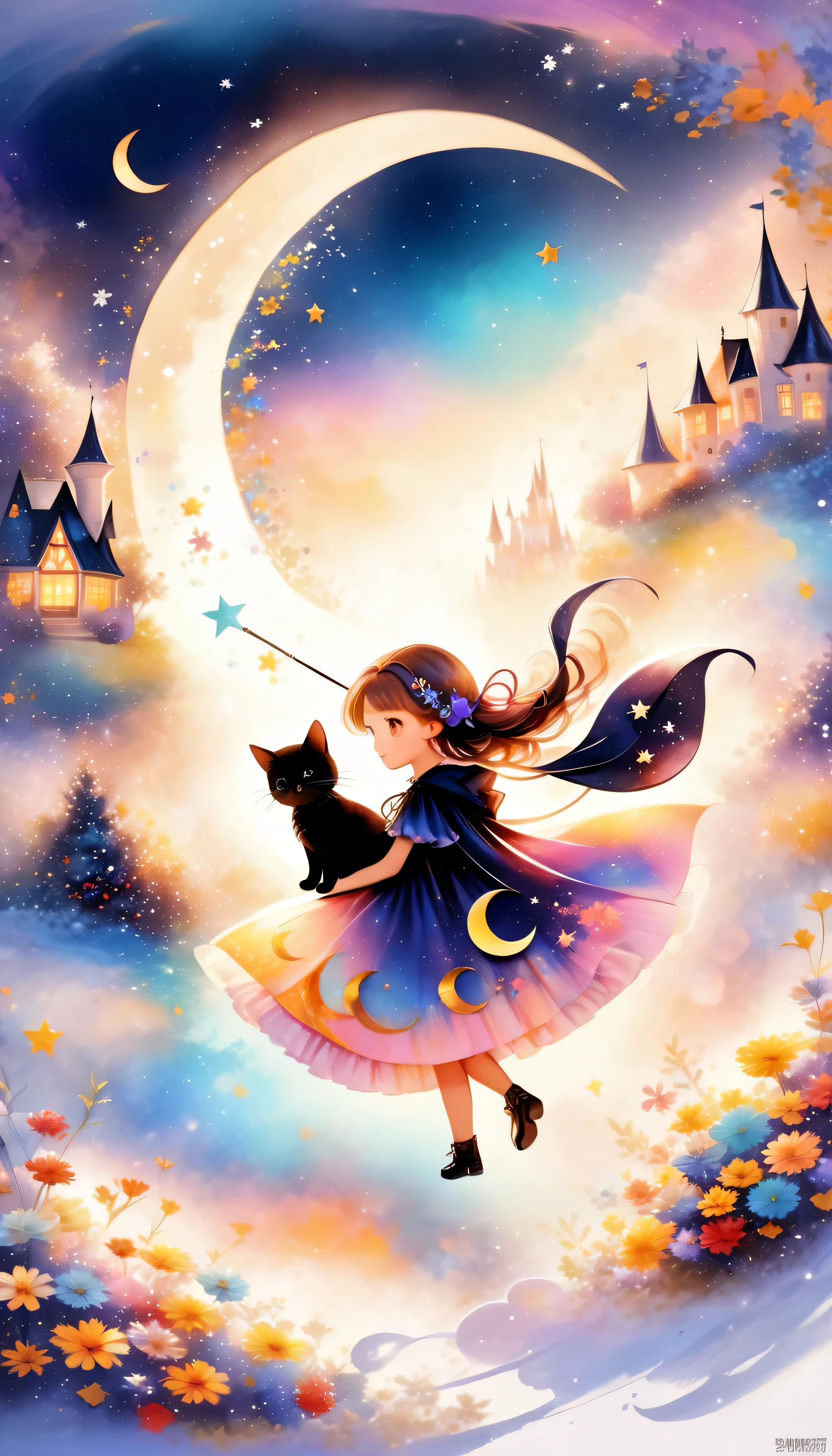 أنيمي, artwork, theme "magical dreamland", fantasy world, cute little wizard girl with black cat on her shoulder, (((black silhouette))) beautiful girl is a wizard , light particles swirling up into the air from the tip of her wand, dreamlike scene, (((crescent moon))) soft andoverflowing, vivid colors, a fluffy fantasy land.
