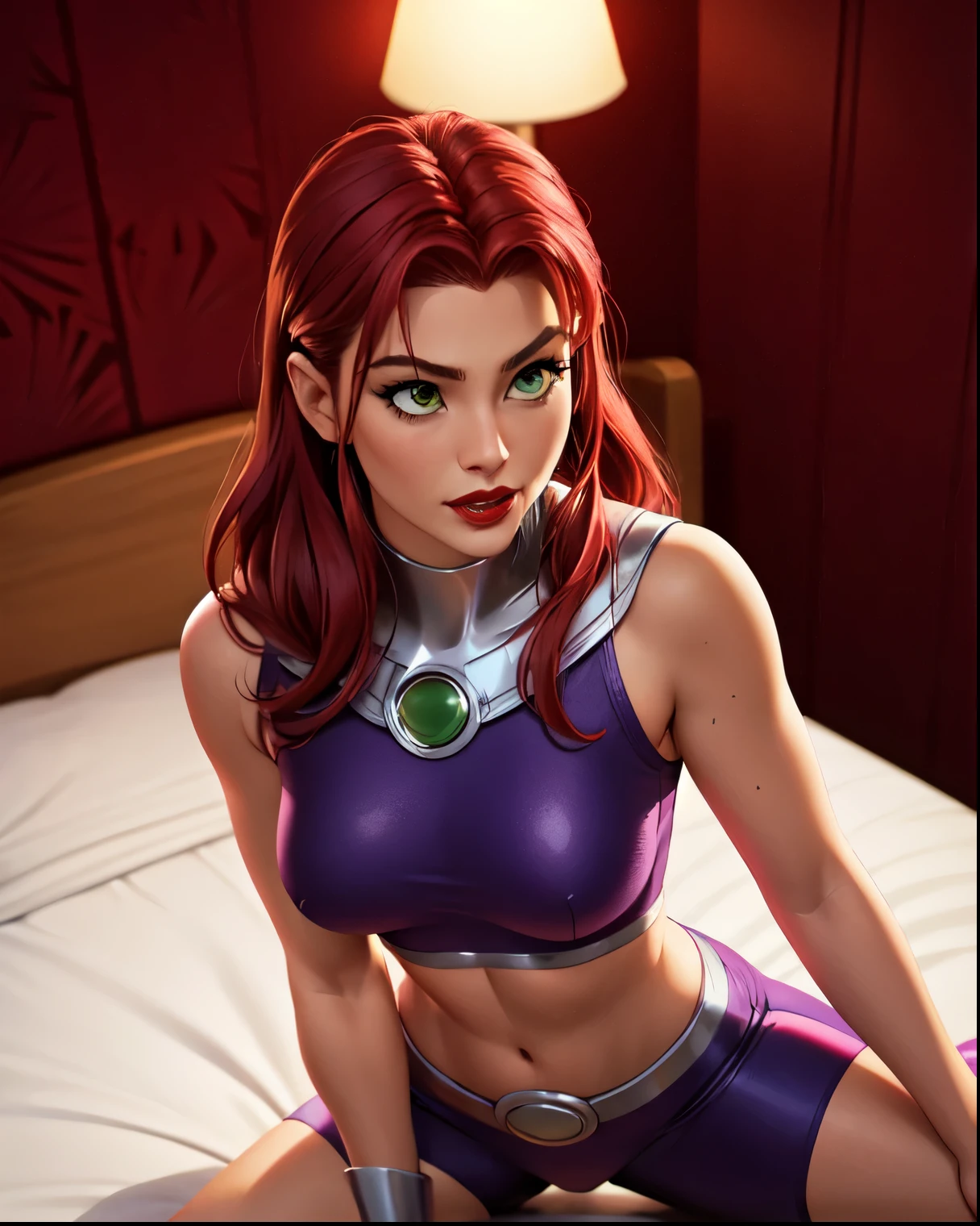 Starfire (from DC comics) sitting on a whie bed (view from above) and touching her chin, beautiful sexy and athletic body, beautiful seductive look, red hair, red lips, red room background, best ilumination, Animation, intrincate, perfect, focused, realistic, photorealistic, Ultra HD.