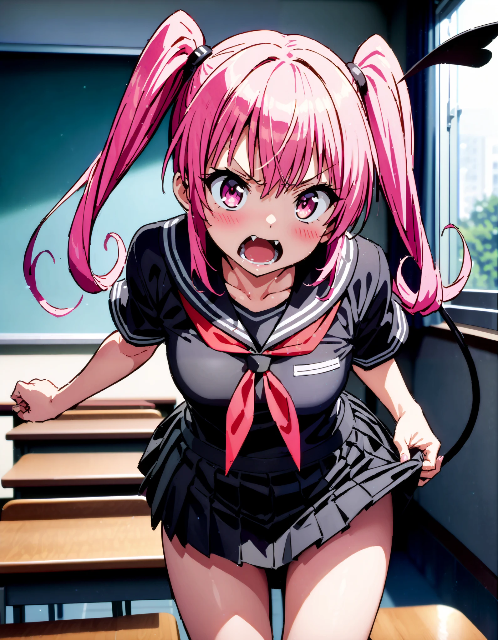 Nana Devil, Nana Asta Deviluk,Solo fangs , long hair, pink eye, pink hair with a scar, demon tail , Twin Tails, small tits, Embarrassing,blush,Angry, open their mouths,Black sailor suit, black mini pleated skirt ,Black socks,Brown loafers, Tight skirt tug, style lifting hold the skirt with both hands,whole bodyがイラストに入るように,
break looking at viewer,whole body,
break indoors, classroom,
break (masterpiece:1.2), top quality, high resolution, unity 8k 壁紙 , (shape:0.8), ( attention to beautiful details :1.6), Highly Detailed Face , perfect lighting, highly detailed CG, ( perfect hand, perfect anatomy),