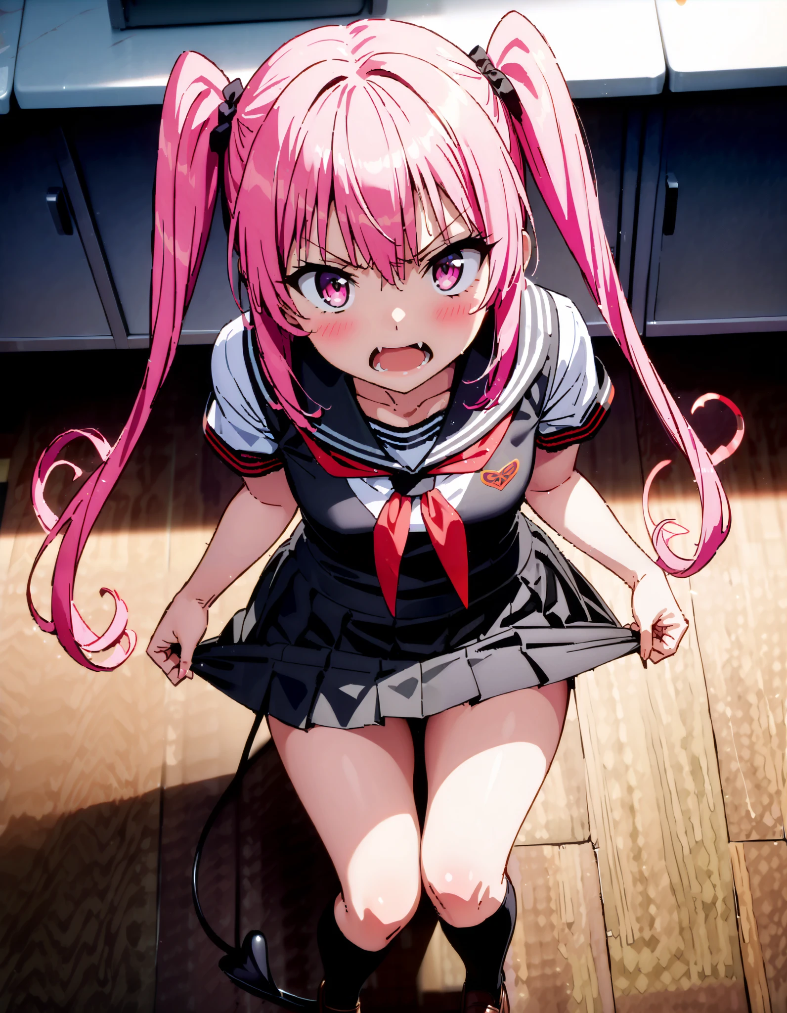 Nana Devil, Nana Asta Deviluk,Solo fangs , long hair, pink eye, pink hair with a scar, demon tail , Twin Tails, small tits, Embarrassing,blush,Angry, open their mouths,Black sailor suit, black mini pleated skirt ,Black socks,Brown loafers, Tight skirt tug, style lifting hold the skirt with both hands,whole bodyがイラストに入るように,
break looking at viewer,whole body,
break indoors, classroom,
break (masterpiece:1.2), top quality, high resolution, unity 8k 壁紙 , (shape:0.8), ( attention to beautiful details :1.6), Highly Detailed Face , perfect lighting, highly detailed CG, ( perfect hand, perfect anatomy),