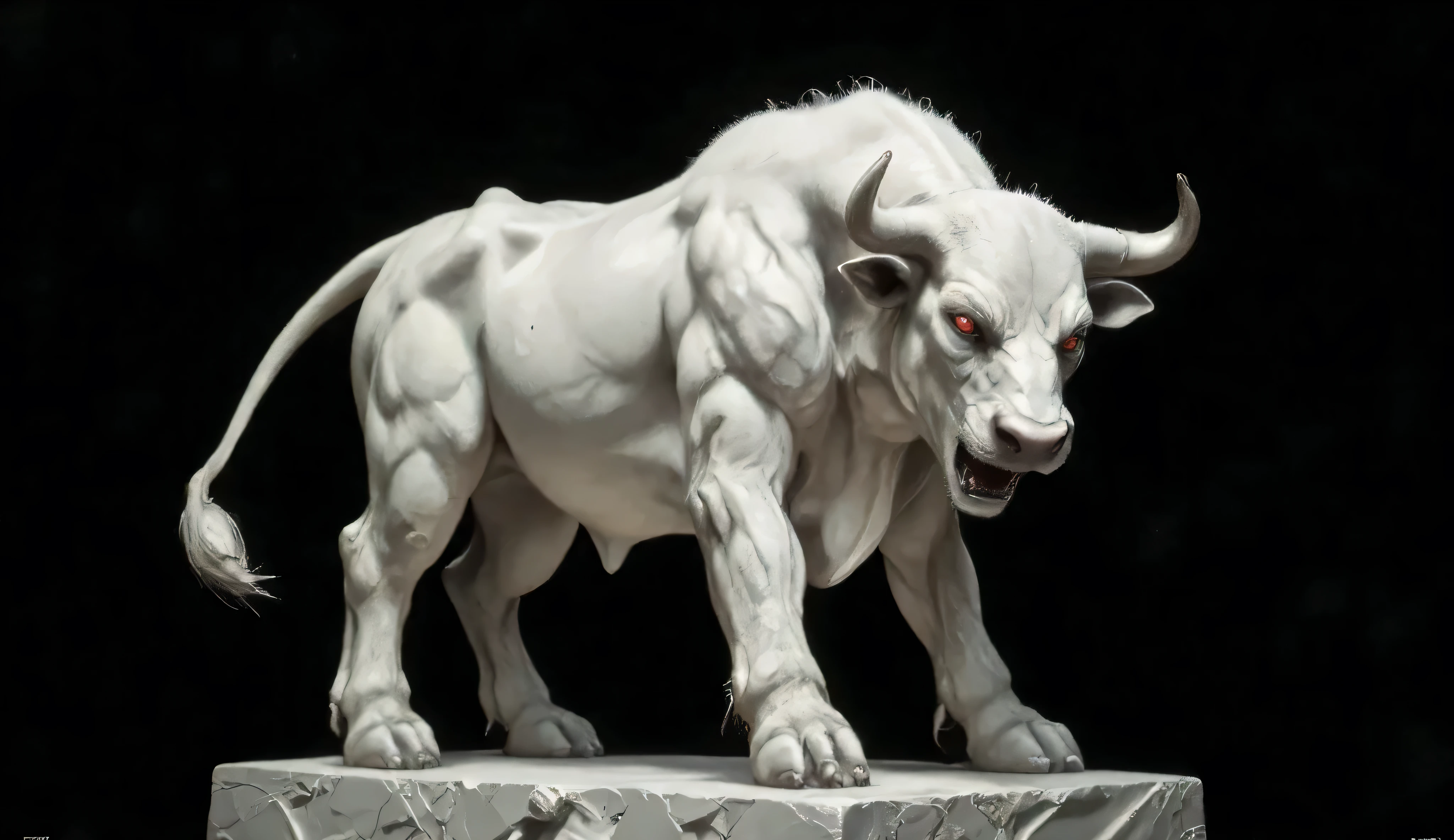 a realistic white marble statue of a furious bull with silver horns and ruby eyes, with a black background and eyes that shine as if they have their own light, is on the way!