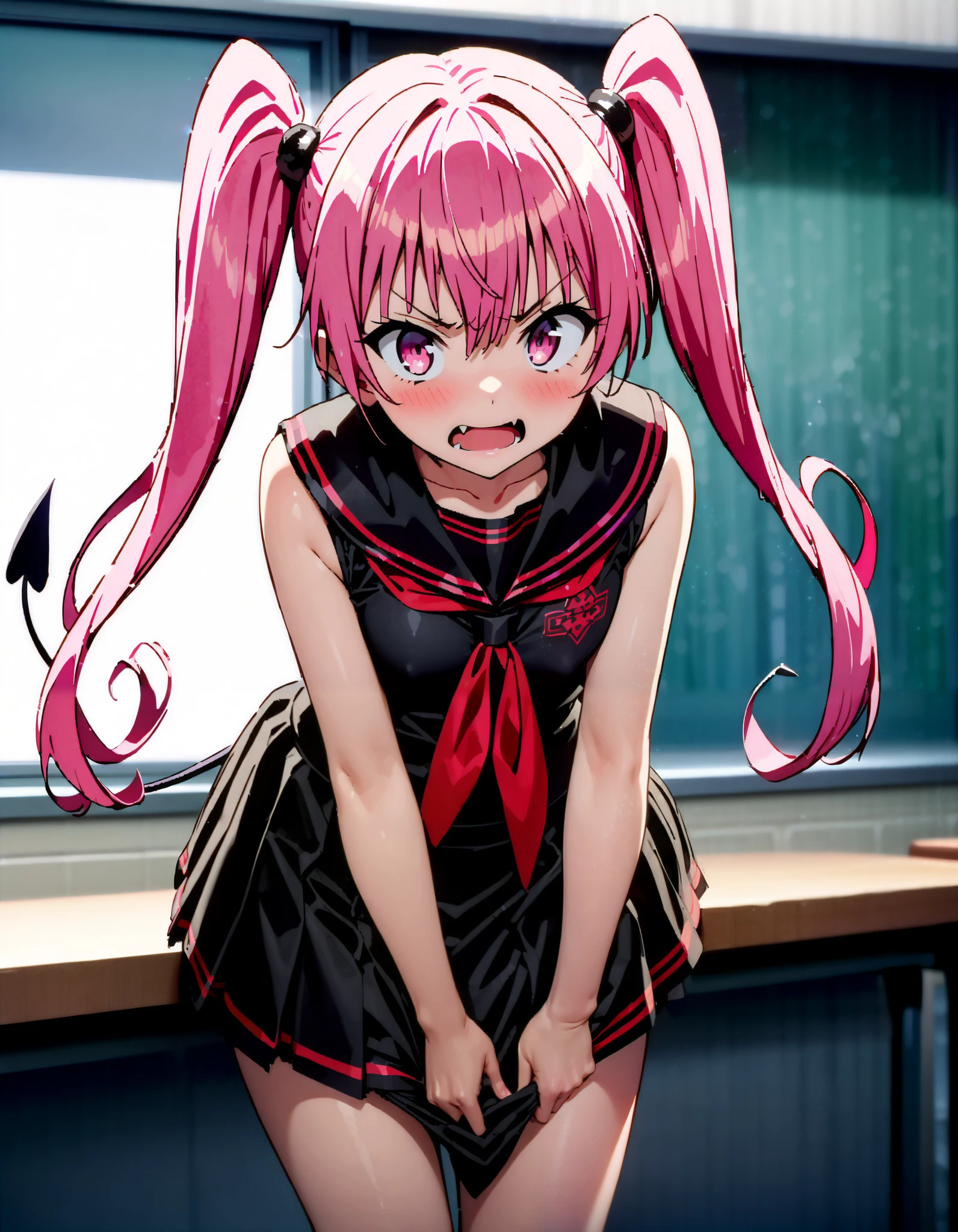 Nana Devil, Nana Asta Deviluk,Solo fangs , long hair, pink eye, pink hair with a scar, demon tail , Twin Tails, small tits, Embarrassing,blush,Angry, open their mouths,Black sailor suit, black mini pleated skirt ,Black socks,Brown loafers, Tight skirt tug, style lifting hold the skirt with both hands,whole bodyがイラストに入るように,
break looking at viewer,whole body,
break indoors, classroom,
break (masterpiece:1.2), top quality, high resolution, unity 8k 壁紙 , (shape:0.8), ( attention to beautiful details :1.6), Highly Detailed Face , perfect lighting, highly detailed CG, ( perfect hand, perfect anatomy),