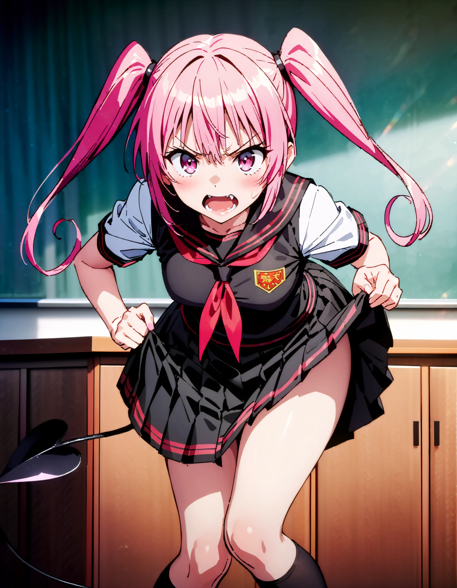Nana Devil, Nana Asta Deviluk,Solo fangs , long hair, pink eye, pink hair with a scar, demon tail , Twin Tails, small tits, Embarrassing,blush,Angry, open their mouths,Black sailor suit, black mini pleated skirt ,Black socks,Brown loafers, Tight skirt tug, style lifting hold the skirt with both hands,whole bodyがイラストに入るように,
break looking at viewer,whole body,
break indoors, classroom,
break (masterpiece:1.2), top quality, high resolution, unity 8k 壁紙 , (shape:0.8), ( attention to beautiful details :1.6), Highly Detailed Face , perfect lighting, highly detailed CG, ( perfect hand, perfect anatomy),