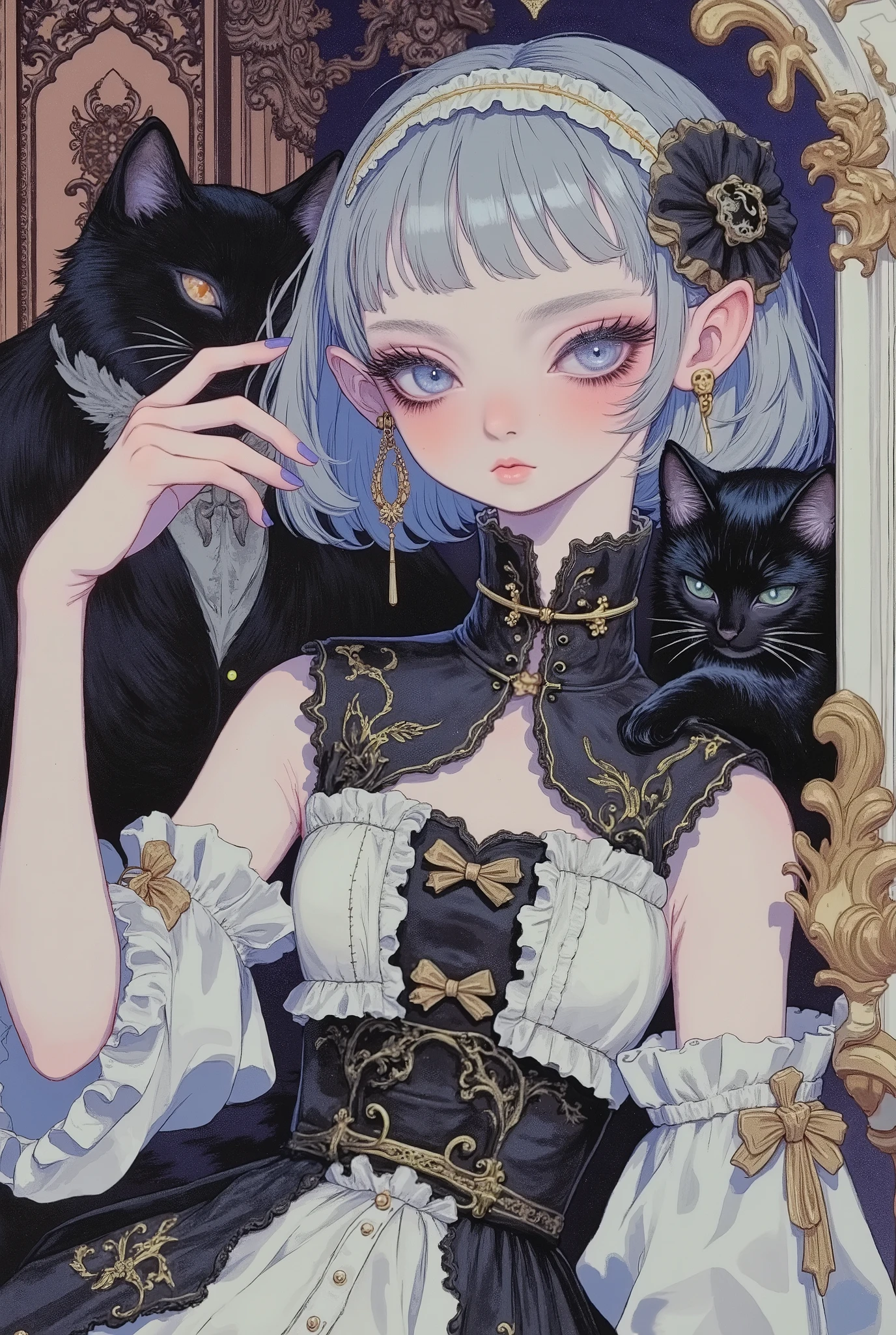 (masterpiece, perfect detail), ( 1girl , doll body, ball jointed doll, ball jointed, anatomy correct, Silver short bob, with bangs and eyes hidden , Purple Lips, Sleeveless gothic dress composed of black and white, Frills folded over and over, frill headband, Black ballet shoes , Watching the cat), ( There is a foggy black cat on my shoulder that sees only with my eyes), ( Mysterious and fancy background just like in a dream), (front, front,front)
