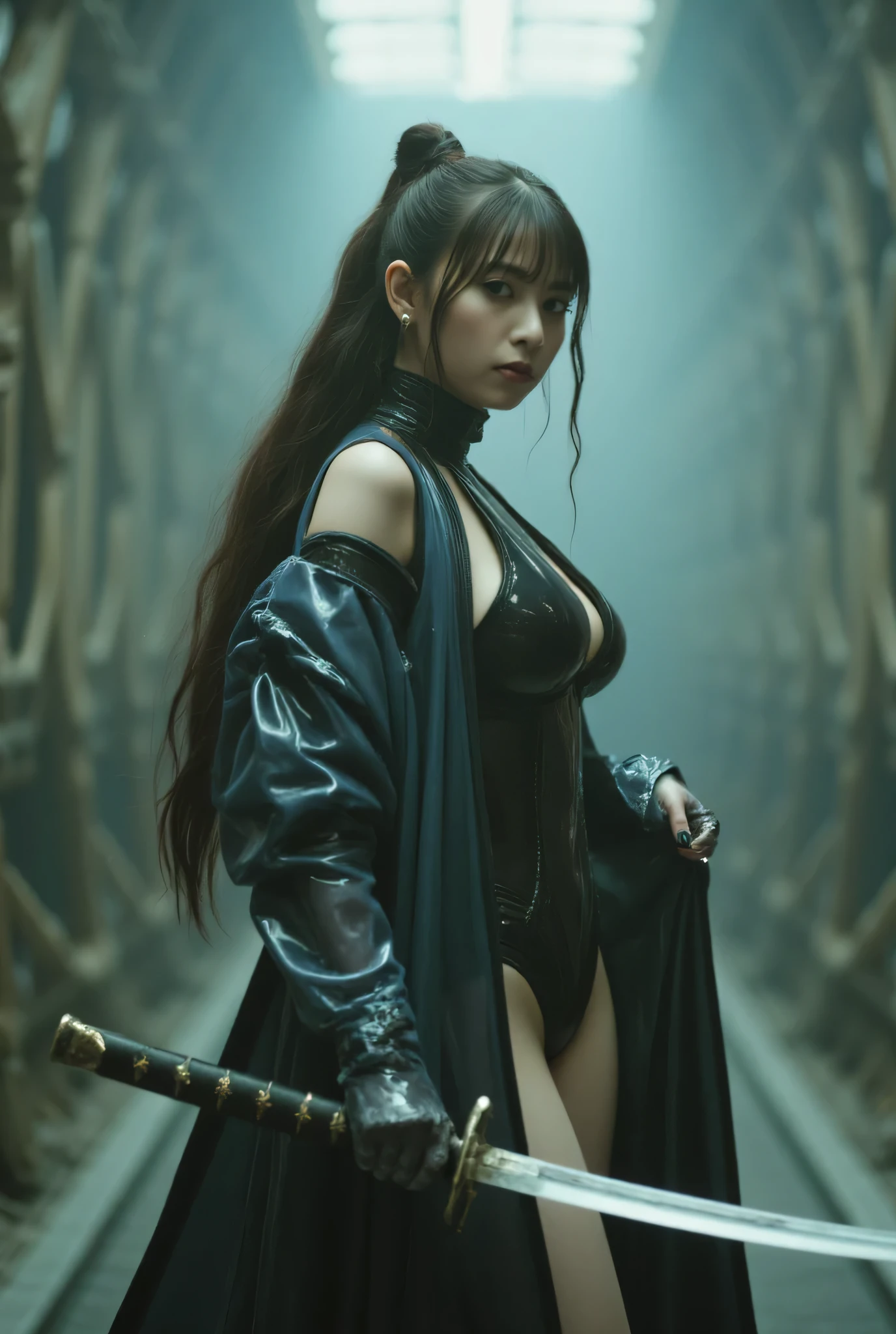 (((The dark interior of the Nostromo ship :2.0))),((( HR Gigger Style Cyberpunk Atmosphere :2.0))),((( Hold a cyberpunk-style Japanese sword :2.0))), standing,((whole body:2.0)), one woman,( cute face),(Beautiful well-balanced face ),(( natural big breasted :2.0)),( black hair:1.5),( beautiful eyes:1.3), Glamorous Shot of a 20-year-old Japanese Woman , Slender Beautiful Body ,( Model Body Type :1.3),(Slim body:1.3), perfect body line, Ideal Proportions ,(( big breasts:2.0)),((F cup breasts:1.5)),Big Breasts,Bare thighs, sensual thighs, delicate body,( Shrimp:1.7),A harmonious posture,((Realistic breast depiction :1.7)), carefully depicts perfect anatomical limbs,(( futuristic samurai armor-like blue glowing transparent glass leotard :1.5)),Filled with multicolored LEDs,(( super high-leg leotard made of camy-like clear glass that fits the body:1.5)),(( samurai armor-like blue translucent military coat with front opening over a leotard:2.0)),((translucent blue military coat with iron embellishments:2.0)),(ear monitor:1.5),((Tactical Holster:1.5)),( gloves:1.3), Concept Art,( top quality:1.5),(masterpiece:1.5),(Super high resolution),resolution,UHD,( delicate depiction), carefully drawn with butterfly wings ,32K,(( realistic skin texture:1.5)),((( super realistic :1.5))),Draw eyelashes carefully, Highly Detailed Face ,Highly detailed female hand,Sexy appearance,Very sensual,(Blurry Dim Backgrounds :1.5), Professional Photoshoot,( Movie Lighting:2.0),(( Blade Runner Style Lights :2.0))