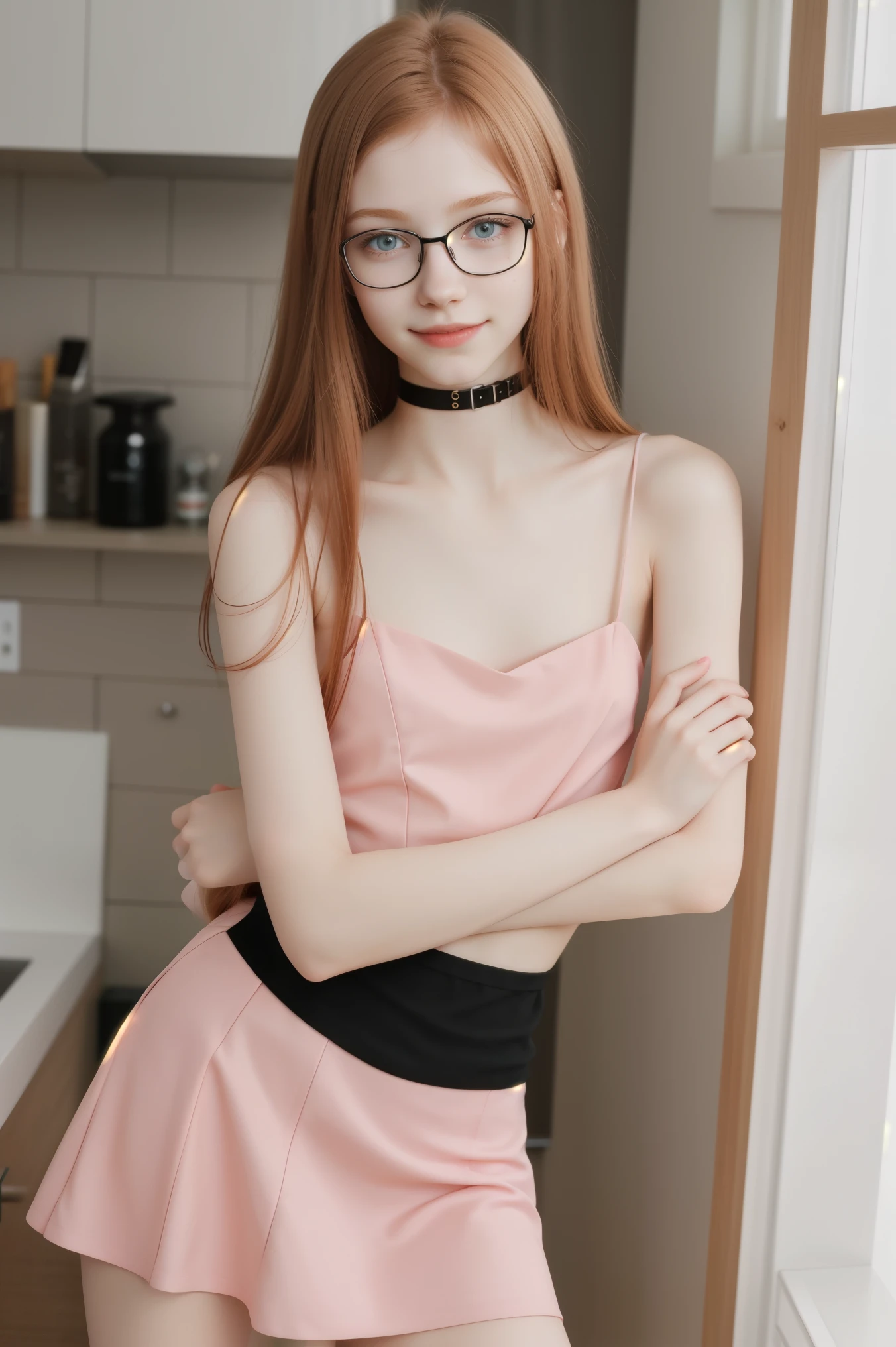 raw photo,full body shot, full view,(13yo skinny redhead girl:1.2), (european girl), ((flat chested)), (long thin legs), cheek dimples, blushing smile, graphic eyeliner, rouge, (lipstick:0.6), (choker:0.9), pale skin, detailed skin, realistic skin texture, shoulder, short dress, (red:0.8), glasses, softcore, warm lighting, cosy atmosphere, nsfw , naive, shy, short, thin, beautiful, cute