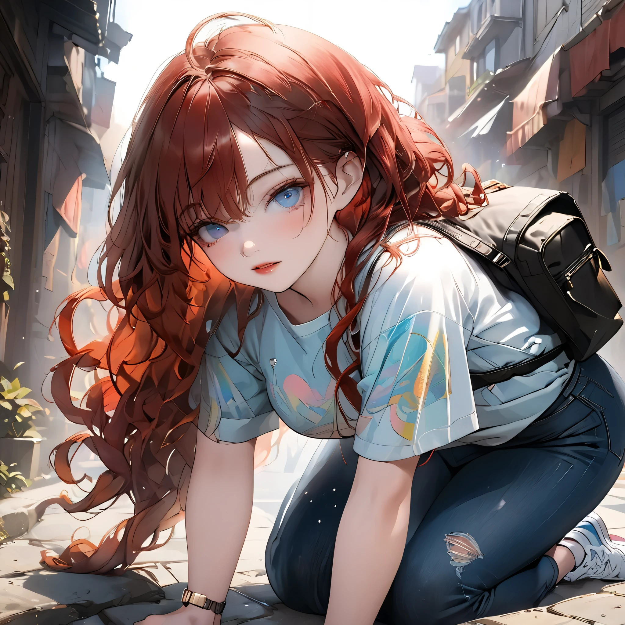 (beautiful girl:1.3),1girl,masterpiece,Highest quality,Ultra-high resolution,rich contrast,super high quality,8k,Highly detailed CG unit wallpaper,texture,Incredibly absurd,Ultra-high resolution,Highest quality anime,professional photograph,an extremely delicate and beautiful,RAW Photos,Depth of Field 1.2,ultra-detailed eyes,Glitter Effect,Beautiful glossy lips, 25years old, gorgeous legs, noise perfect, gorgeous ass, EPngeKatsuragiMisato, gorgeous ass, dynamic pose, sensual woman, seductive woman, mature woman, Milf, maternal, shy look, full body, red hair and blue eyes, long hair, wavy hair, MeridaXLP, (type of photo: medium shot, portraying the person from head to waist), Casual Chic Set (Urban Style): Upper: Light gray oversized cotton T-shirt with an abstract artistic print in pastel tones. The neck is round and slightly elastic. Bottom: High-waisted, straight-cut jeans, worn at the thighs and subtly ripped at the knees. Shoes: White sports shoes, with metallic details on the sides. Accessories: Large sunglasses, black leather backpack and a minimalist watch.