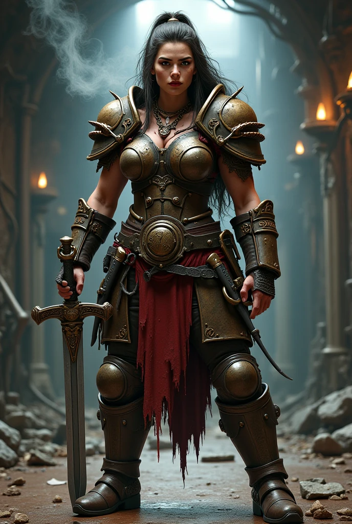 a painting of a powerful and muscular 19-year-old mountain dwarf,50 tall with 70 kilos in bearskin armor that only covers her breasts, she only wears pants that barely cover her powerful muscular thighs, she wears furry leather boots, holding a large and powerful combat hammer with both hands she is standing epically ready for combat, war hammer, war hammer, dwarf warrior woman, a beautiful berserker woman, north female warrior, Female Warrior, north adult female warrior, female barbara, of fantasy, dwarven woman, viking feminino, picture of female barbara, female dwarf woman, Retrato de female barbara, nordic warrior