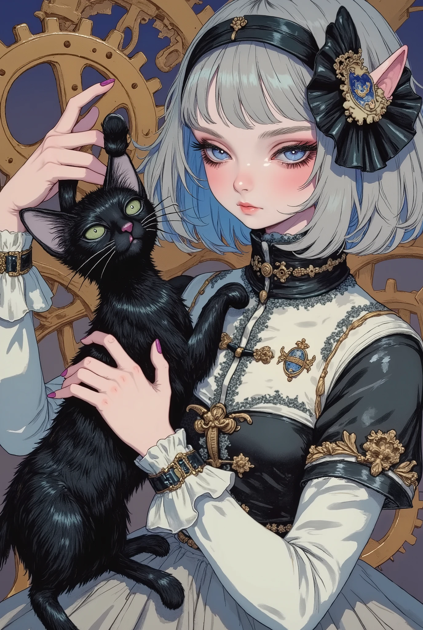 (masterpiece, perfect detail), ( 1girl , doll body, ball jointed doll, ball jointed, anatomy correct, Silver short bob, with bangs and eyes hidden , Purple Lips, Sleeveless gothic dress composed of black and white, Frills folded over and over, frill headband, Black ballet shoes , ( lifting a black cat, The black cat's torso is stretched), (mechanical gear background), (front, front,front)