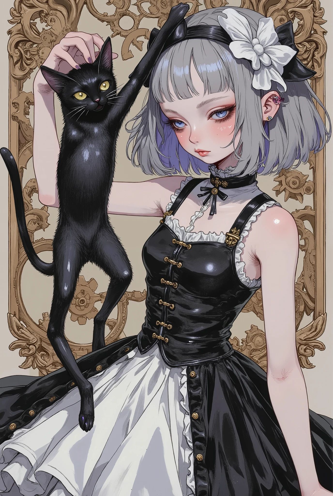 (masterpiece, perfect detail), ( 1girl , doll body, ball jointed doll, ball jointed, anatomy correct, Silver short bob, with bangs and eyes hidden , Purple Lips, Sleeveless gothic dress composed of black and white, Frills folded over and over, frill headband, Black ballet shoes , ( lifting a black cat, The black cat's torso is stretched), (mechanical gear background), (front, front,front)
