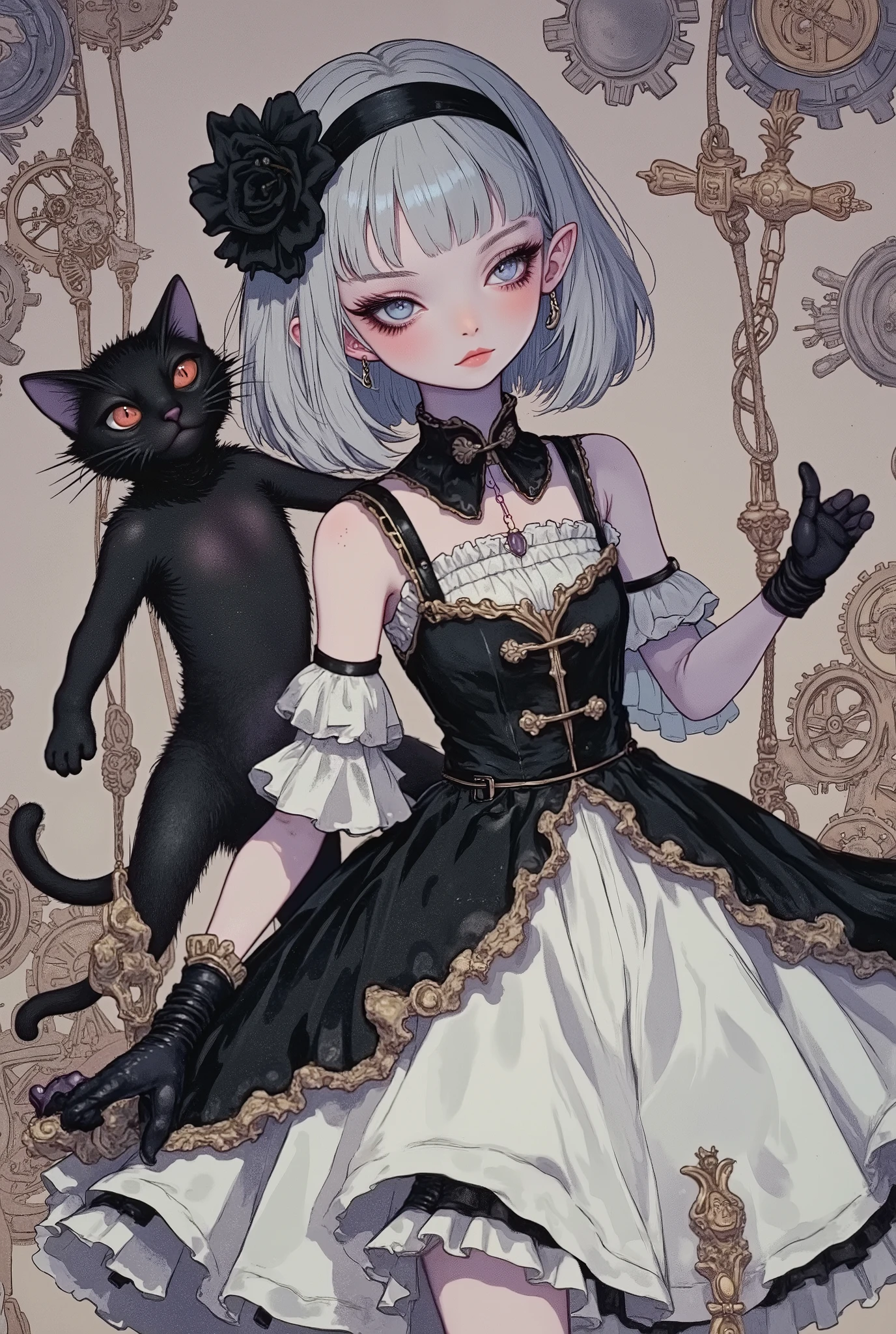 (masterpiece,  perfect detail), ( 1girl , doll body, ball jointed doll, ball jointed, anatomy correct, Silver short bob,  with bangs and eyes hidden , Purple Lips, Sleeveless gothic dress composed of black and white, Frills folded over and over,  frill headband, Black ballet shoes , ( lifting a black cat, The black cat's torso is stretched), (mechanical gear background), (front, front,front)