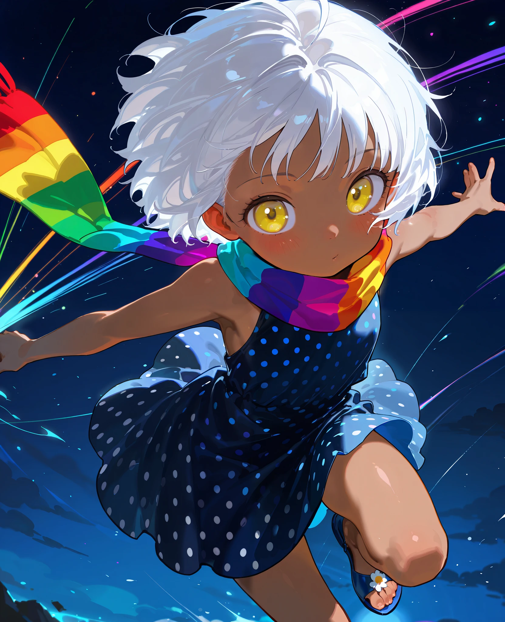 solo, score 9, score 8, score 7, Best quality::2.5, artwork::2.5, Masterpiece::2.5, Beautiful features, good anatomy, realistic look, beautiful details, Close up, detailed eyes, Night, rodecchi, artista:mizumizu, , Little, cute, Brown skin, (White hair), Short hair, ((Big bangs)), beautiful hair, (Bright yellow eye), gojo eyes, (Rainbow scarf), Just a scarf tie, Bare shoulders, (Dark blue dress), Colorful polka dots on dress, simple dress, (Extremely short dress), blue sandal, Bare legs, Wind, From above,