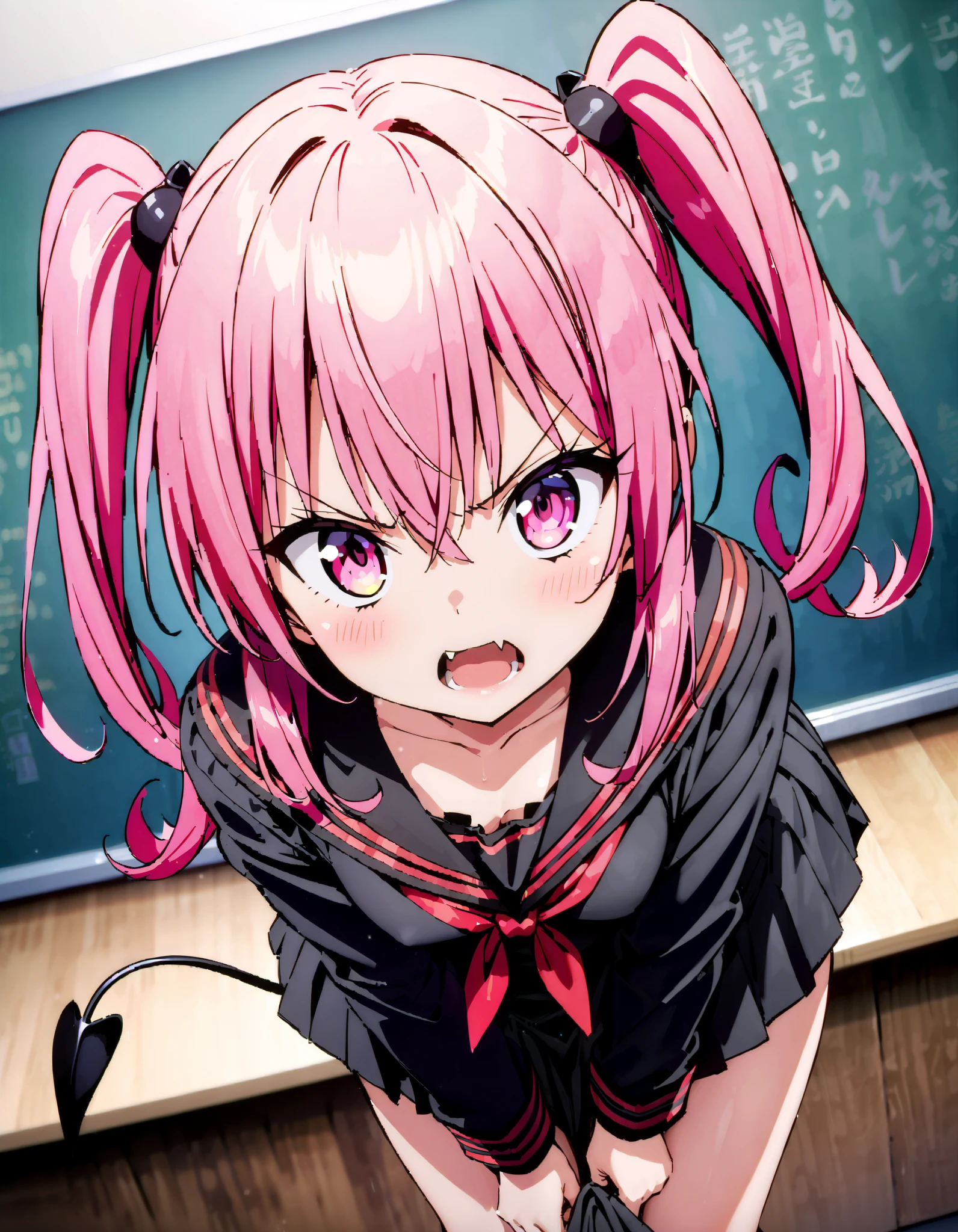 Nana Devil, Nana Asta Deviluk,Solo fangs , long hair, pink eye, pink hair with a scar, demon tail , Twin Tails, small tits, Embarrassing,blush,Angry, open their mouths, Long Sleeve,Black sailor suit, black mini pleated skirt ,Black socks,Brown loafers, Tight skirt tug, style lifting hold the skirt with both hands,whole bodyがイラストに入るように,
break looking at viewer,whole body,
break indoors, classroom,
break (masterpiece:1.2), top quality, high resolution, unity 8k 壁紙 , (shape:0.8), ( attention to beautiful details :1.6), Highly Detailed Face , perfect lighting, highly detailed CG, ( perfect hand, perfect anatomy),