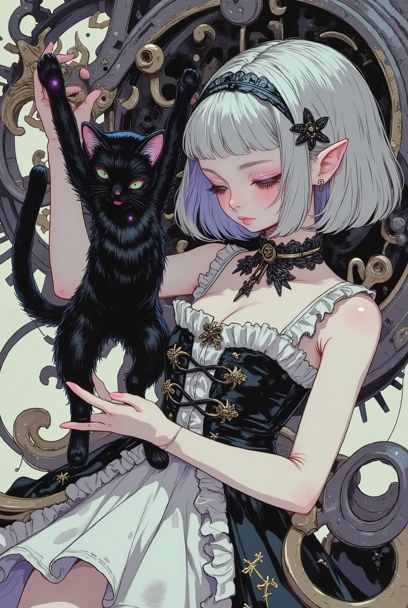 (masterpiece, perfect detail), ( 1girl , doll body, ball jointed doll, ball jointed, anatomy correct, Silver short bob, with bangs and eyes hidden , Purple Lips, Sleeveless gothic dress composed of black and white, Frills folded over and over, frill headband, Black ballet shoes , ( lifting a black cat, The black cat's torso is stretched), (mechanical gear background), (front, front,front)