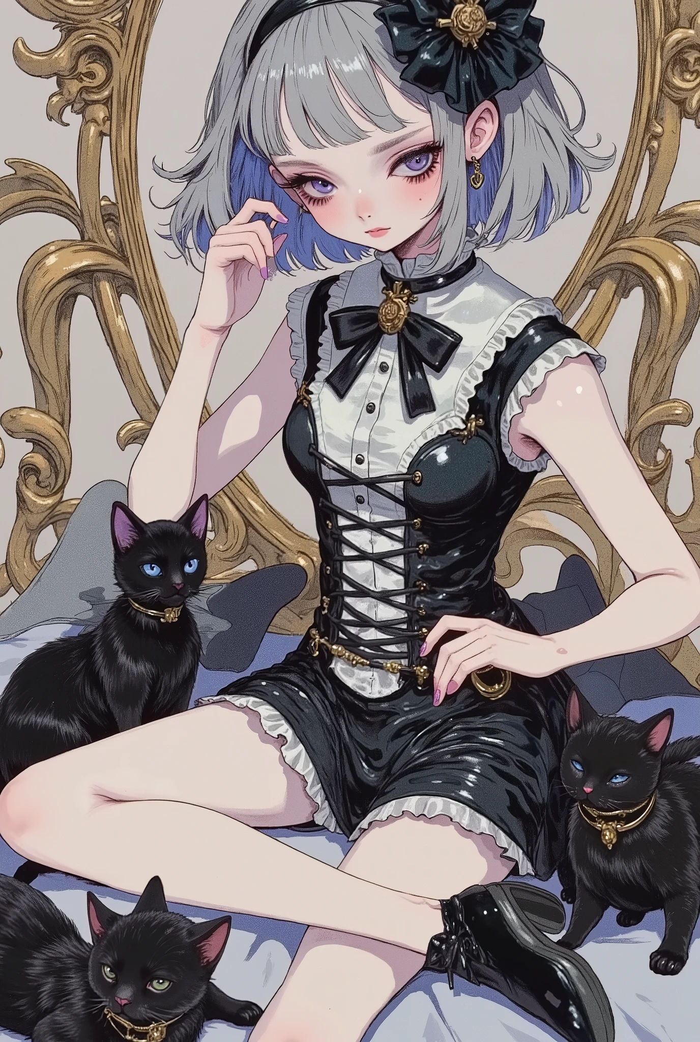 (masterpiece, perfect detail), ( 1girl , doll body, ball jointed doll, ball jointed, anatomy correct, Silver short bob, with bangs and eyes hidden , Purple Lips, Sleeveless gothic dress composed of black and white, Frills folded over and over, frill headband, Black ballet shoes , ( sitting, is playing ding black cats), (mechanical gear background)