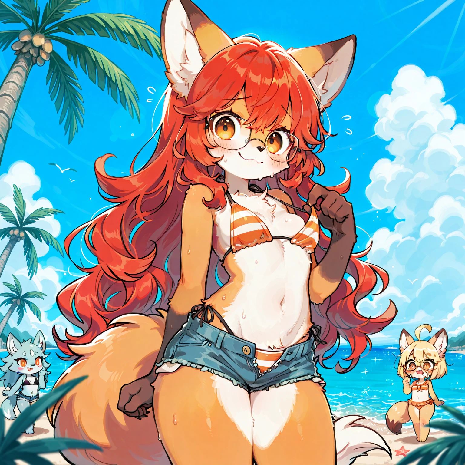 Fox girl, 1girl, orange fur, fox ears, blonde hair, short hair, ((snout)), fox tail, female, pantie, smile, Lift up the skirt, cute dress, Ultra HD, Delicate, sunglasses, Seaside, cute panties, fox snout, furry, thighs, ((tight skirt, tight top)), big breasts, cute, sexy hips, frilly top, ((eye level view)), ((cartoon, chibi)), flat shading