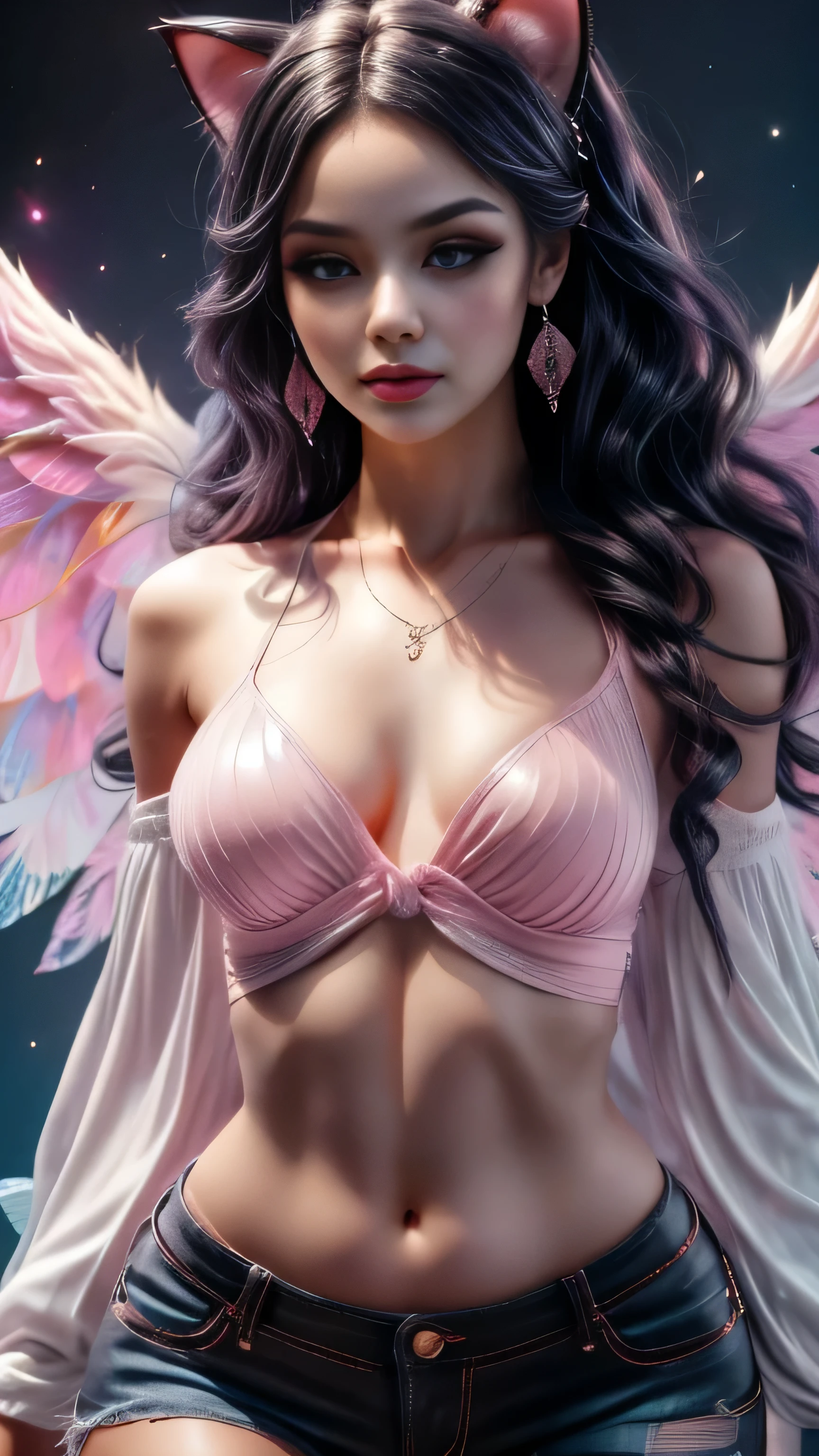 shimmering, sparkling, airbrushed gothic beauty with long black and pink hair in flowing waves, blue eyes, full slim skinny gothic cat girl body, ragged black and pink fluffy wings extending behind her crouching figure, her outfit consists of a pink long-sleeved top with the words "No More Flying" on it, ripped black jeans, pink leather boots, a mottled pink and black background with fluttering feathers, fantastic realism sparkles with unearthly magic