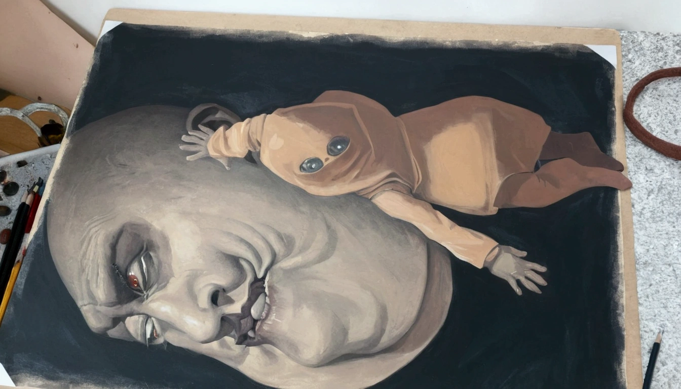 (extremadamente detallado, obra maestra, La mejor calidad), Estilo oscuro, intense illumination, rostro con arrugas, lengua larga, tentacle, deforme, monstruoso, interior de una piscina de agua verdosa, imagen submarina, alien con Colmillos finos, pico de pulpo amenazante. manchas de tinta. Rococo composition. Luz de caravaggio