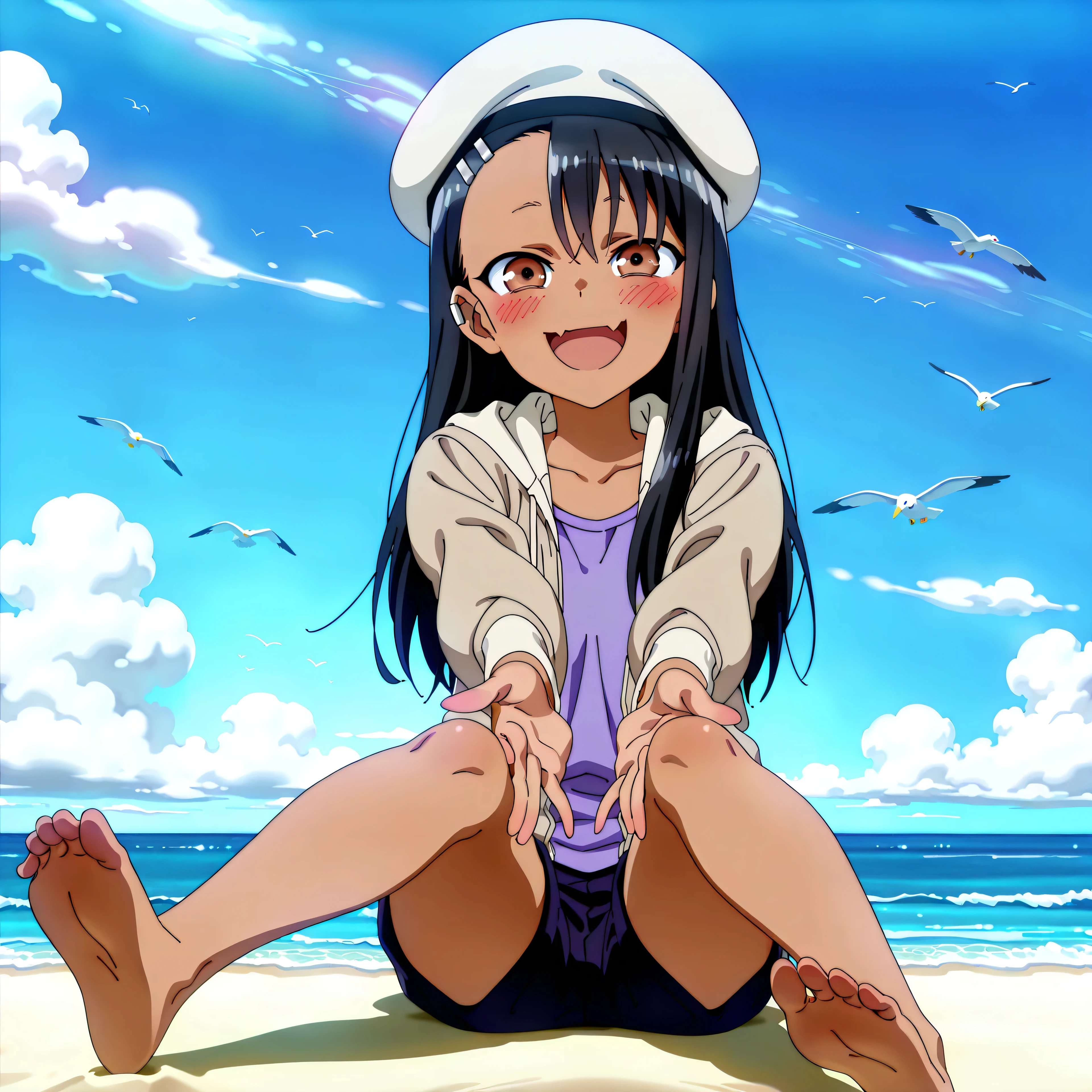 source_anime, score_9, score_8_up, score_7_up, anime screencap, absurdres, high quality,
nagatoro hayase, brown eyes, dark-skinned female, tan, black hair, hairclip, earclip, hair ornament, long hair, skin fang, outfit-artist, shirt, beret, hat, white headwear, purple shirt, light brown jacket,, anime coloring, 1girl, solo, looking at viewer, sitting, full body, stretching both open hand towards the viewer, open legs, female, barefoot, sole feet, happy smile, open mouth 1.4, fang, blush, from up, beach, sand, day, clouds, seagulls, detailed background
