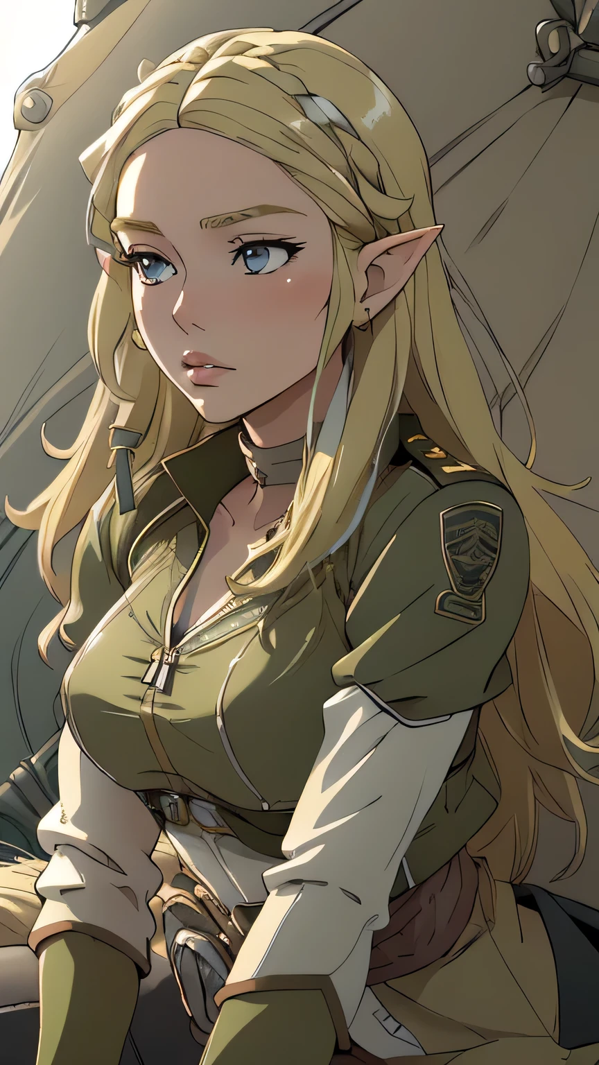 1girl in, age21, princess Zelda, photo of perfect woman, portrait, looking straight at camera, 5'3", Solo, Aesthetic artwork, (blond, straight blonde hair, waist length blond hair:1.25), (clear skin, pale skin, small breasts, B-cup, runners body, very thin waist, skinny, petite, detailed skin texture, (Masterpiece), (lying face down on a bike, chest squished down, leaning forward, sleepy expression, Half-Lidded eyes, glossy lips, cleavage, focus on breasts:1.2), (blank background, plain background, blank wall, ((she is wearing a Biker Clothes, leather riding jacket, Riding a motorbike, Sweet Shy Face, Relaxed and beautiful face, perfect lips, Military base, military tent, military Jeep, (extremely detailed 8k wallpaper), evening outdoor lighting, (extremely detailed 8k wallpaper), evening outdoor lighting, high quality, film grain, Fujifilm XT3 sharp focus, f 5.6, 50mm, High Detail, Sharp focus, (natural light), crazy details, complex details, hyper detailed