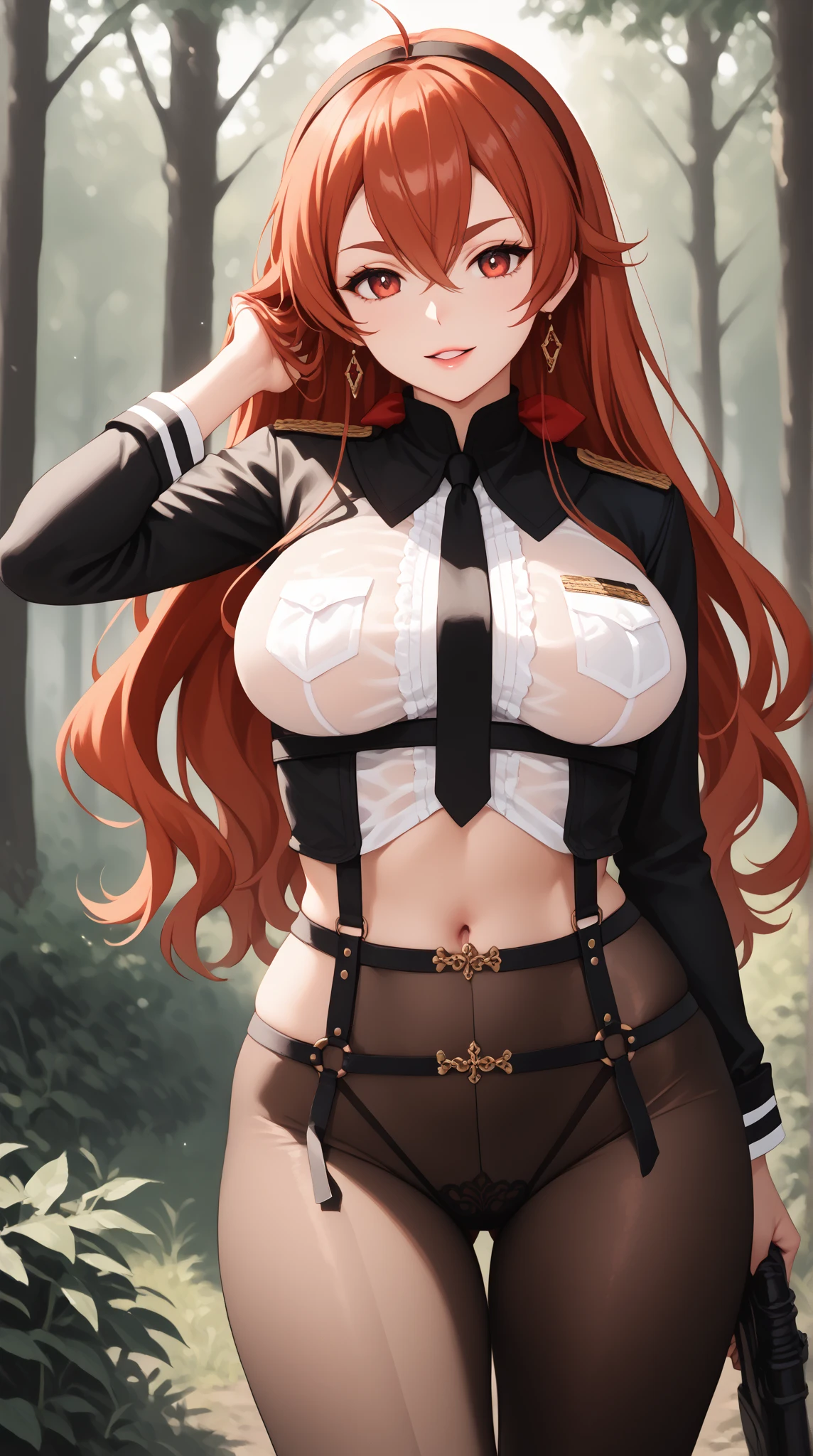1 masterpiece, good resolution, 4k quality. medieval fantasy, rpg story. 1 girl, gyaru, [dark skined female], shiny skin, big eyes, light green eyes, full lips, huge breasts, collarbone, hipbones, long (brown), [hair, red hair] hair up, curly bangs, big earrings. (only white micro bikini only), (high waist skirt), yellow leather skirt, tight white micro panties, peek panties, excessive female pubic hair, (pubic hair peek), partialy visible vulba, (black tight high stockings), yelow skirt, yellow leather boots, platform boots, high heels, knee high boots, long white coat, open coat, sleeves_past_wrists, black sailor collar. (pink goggles on head). (standing), [figting stance], (full body focus), spread legs, fantasy anime style, simple background, white background, shadow,