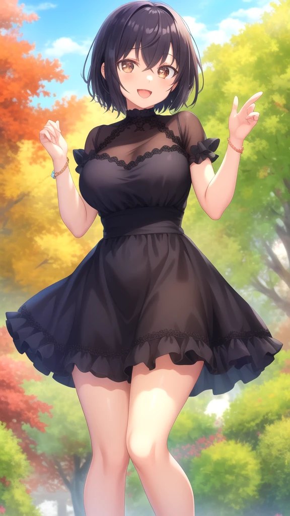 masterpiece, girl, bob hairstyle, summer dress, heels, from head to toe, black green & yellow aesthetic background, digital art, anime illustrations, ultra detailed, 8k resolutions, intricate
