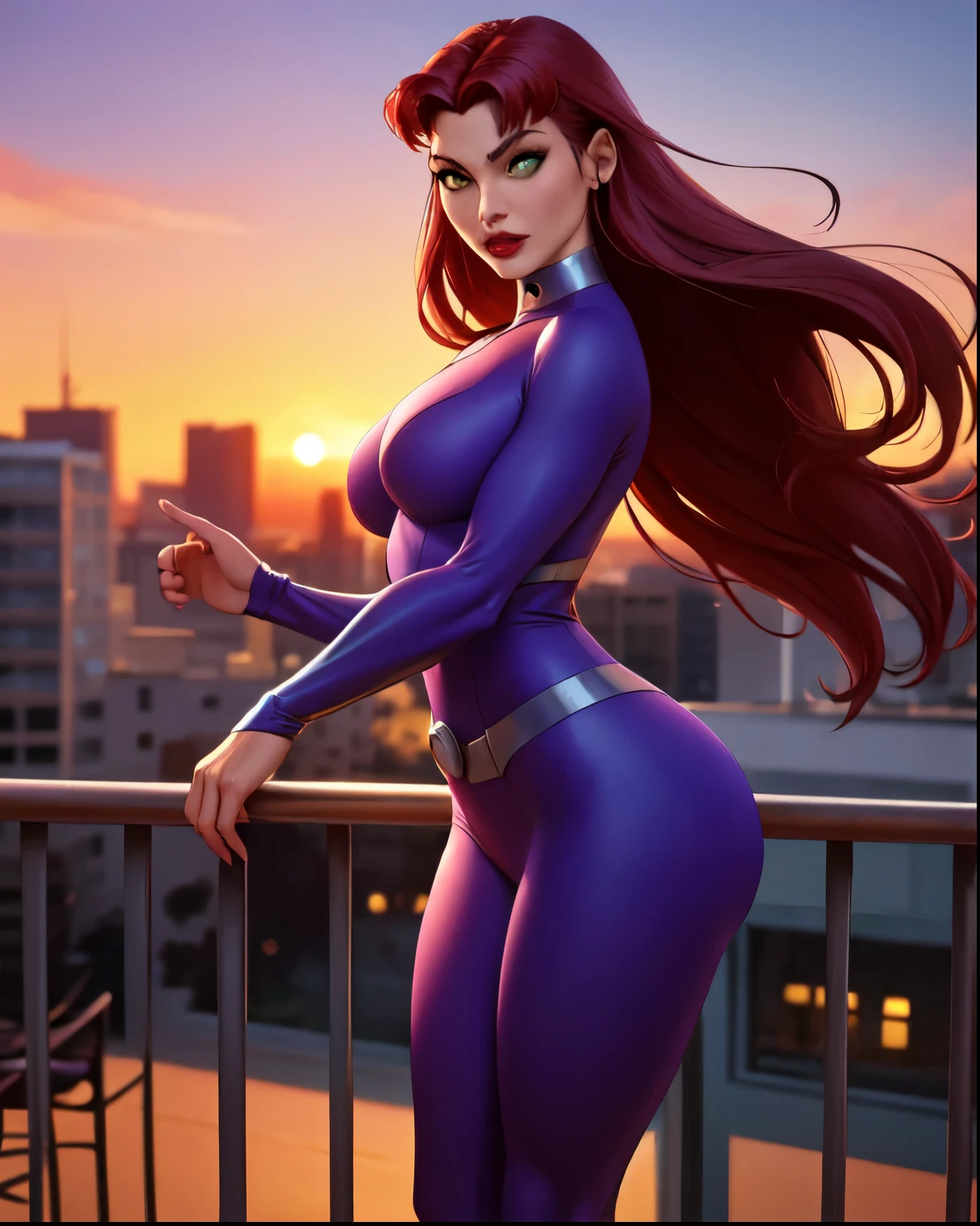 Starfire (from DC comics) standing on a balcony, beautiful sexy and athletic body, purple suit, beautiful seductive look, red hair, red lips, city and sunset background, best ilumination, Animation, intrincate, perfect, focused, realistic, photorealistic, Ultra HD.