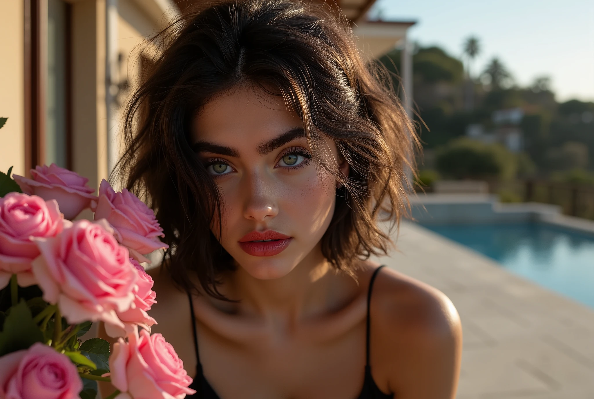 Realistic,(photorealistic Realism),((high resolution)),((intricately detailed digital art)),(best quality),(realistic texture details: perfect skin, smooth skin),(professional photography)、((a beautiful slim skinny girl )), (close-up eyes:1.1),((sharp focus absurd quality, Realistic bright green_eyes:1.8), Wear an off-the-shoulder black top, full bodyesbian,(dark shot),(((Intricately detailed Latex (PVC laced:1.2), modest BDSM costume, revealing see-thru black PVC costume:1.4))), ( short hair, culry black hair, curls at the ends of the hair, hair above one eye,(short combed to the side)), (Black Long Boots) she is tanding on a terrace to a luxurios Italien villas, Old luxurios villa with a beautful oasen view, (Pink rose flowers in here hair),(Shining, mesmerizing, Vibrant eyes:1.1), (perfect dark_eyeshadows:1.4), detailed lips:1.3, (apply glossy red_lipstick:1.3), (pink_makeup:1.28), ((glittery pink to gold makeup, (perfect proportions:1.2),(small head),(anatomically correct), perfect female body, firm and full breasts, (Super beautiful), (vivid and colorful), The attention to detail, focus of girl, dynamic pose, sexy and seductive, flirty smile, dslr, high quality split lighting, sharp focus captured by Fujifilm XT3, f 5.6, in a dramatic lighting, (perfect composition),