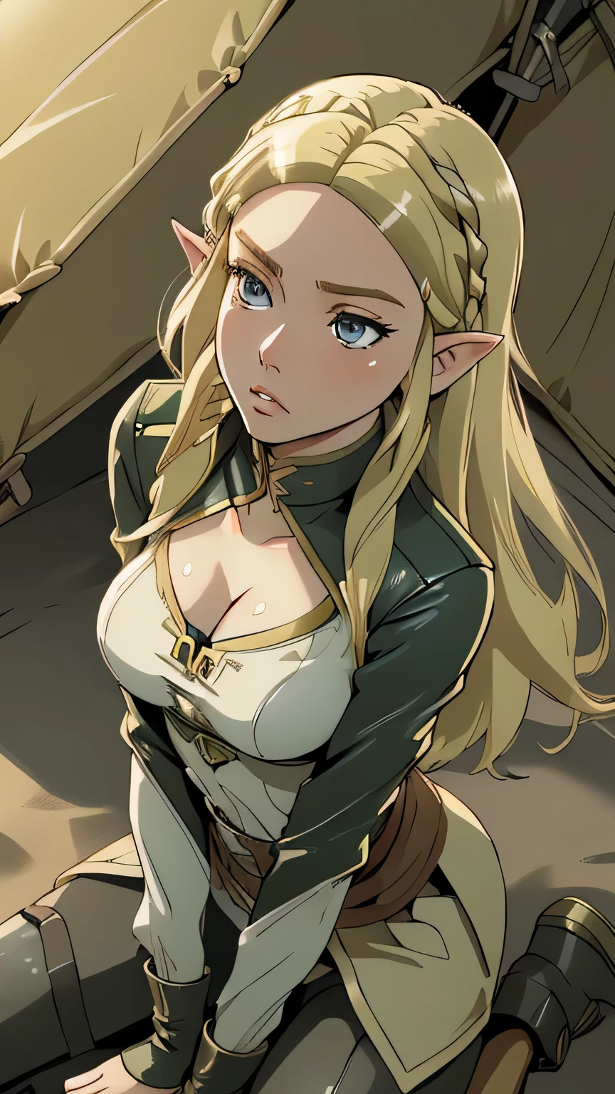 1girl in, 21, princess Zelda, photo of perfect woman, portrait, looking straight at camera, 5'3", Solo, Aesthetic artwork, (blond, straight blonde hair, waist length blond hair:1.25), (clear skin, pale skin, small breasts, B-cup, runners body, very thin waist, skinny, petite, detailed skin texture, (Masterpiece), (kneeling down before master, splits kneeling, legs apart), looking up at pov, sad expression, pleading, overhead perspective), (cleavage, focus on breasts:1.2), ((she is wearing a Biker Clothes, leather riding jacket, Riding a motorbike, Sweet Shy Face, Relaxed and beautiful face, perfect lips, Military base, military tent, military Jeep, (extremely detailed 8k wallpaper), evening outdoor lighting, (extremely detailed 8k wallpaper), outdoor lighting, high quality, film grain, Fujifilm XT3 sharp focus, f 5.6, 50mm, High Detail, Sharp focus, (natural light), crazy details, complex details, hyper detailed