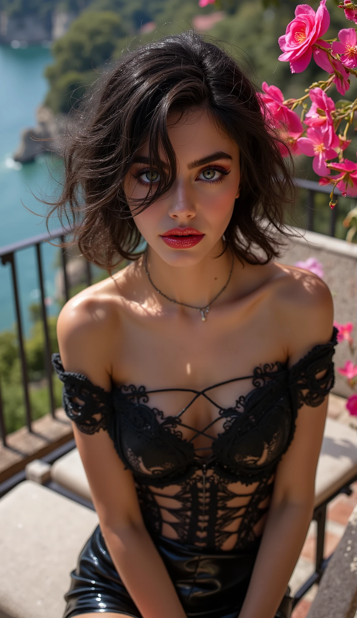 Realistic,(photorealistic Realism),((high resolution)),((intricately detailed digital art)),(best quality),(realistic texture details: perfect skin, smooth skin),(professional photography)、((a beautiful slim skinny girl )), (close-up eyes:1.1),((sharp focus absurd quality, Realistic bright green_eyes:1.8), Wear an off-the-shoulder black top, full bodyesbian,(dark shot),(((Intricately detailed Latex (PVC laced:1.2), modest BDSM costume, revealing see-thru black PVC costume:1.4))), ( short hair, culry black hair, curls at the ends of the hair, hair above one eye,(short combed to the side)), (Black Long Boots) she is tanding on a terrace to a luxurios Italien villas, Old luxurios villa with a beautful oasen view, (Pink rose flowers in here hair),(Shining, mesmerizing, Vibrant eyes:1.1), (perfect dark_eyeshadows:1.4), detailed lips:1.3, (apply glossy red_lipstick:1.3), (pink_makeup:1.28), ((glittery pink to gold makeup, (perfect proportions:1.2),(small head),(anatomically correct), perfect female body, firm and full breasts, (Super beautiful), (vivid and colorful), The attention to detail, focus of girl, dynamic pose, sexy and seductive, flirty smile, dslr, high quality split lighting, sharp focus captured by Fujifilm XT3, f 5.6, in a dramatic lighting, (perfect composition),