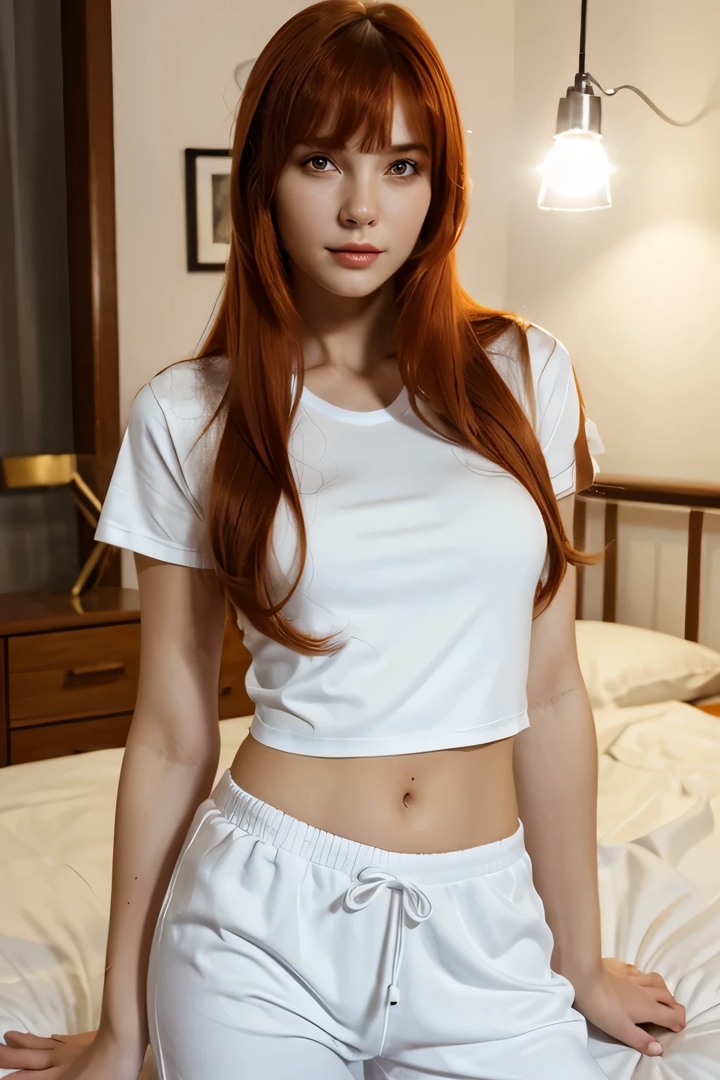 (best qualtiy,tmasterpiece,art stations,Fantasyart:1.2),A beautiful and cute girl,petite,(Long, messy ginger hair:1.1),(Long white T-shirt,naked leg:1.2),In front of the bedroom window,realisticlying,Detailed face