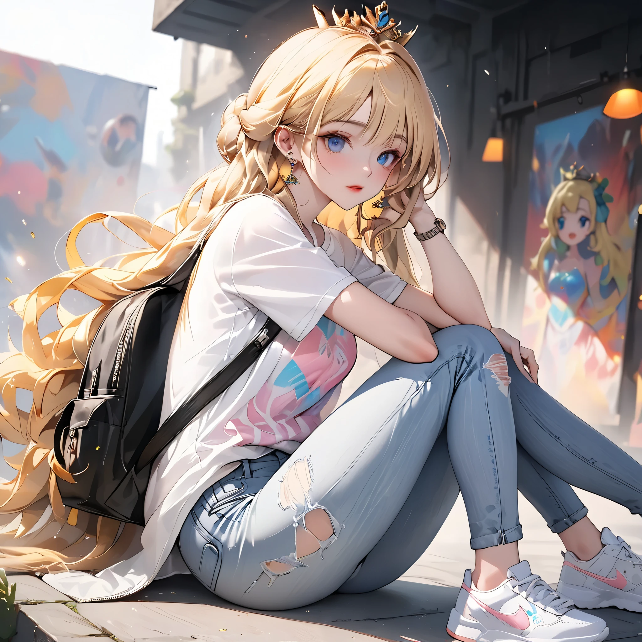 (beautiful girl:1.3),1girl,masterpiece,Highest quality,Ultra-high resolution,rich contrast,super high quality,8k,Highly detailed CG unit wallpaper,texture,Incredibly absurd,Ultra-high resolution,Highest quality anime,professional photograph,an extremely delicate and beautiful,RAW Photos,Depth of Field 1.2,ultra-detailed eyes,Glitter Effect,Beautiful glossy lips, 25years old, gorgeous legs, noise perfect, gorgeous ass, 1girl, gorgeous ass, dynamic pose, sensual woman, seductive woman, mature woman, Milf, maternal, shy look, full body, blonde hair, long hair, blue eyes, crown, jewelry, earrings, Princess Peach, (type of photo: medium shot, portraying the person from head to waist), Casual Chic Set (Urban Style): Upper: Light gray oversized cotton T-shirt with an abstract artistic print in pastel tones. The neck is round and slightly elastic. Bottom: High-waisted, straight-cut jeans, worn at the thighs and subtly ripped at the knees. Shoes: White sports shoes, with metallic details on the sides. Accessories: Large sunglasses, black leather backpack and a minimalist watch.