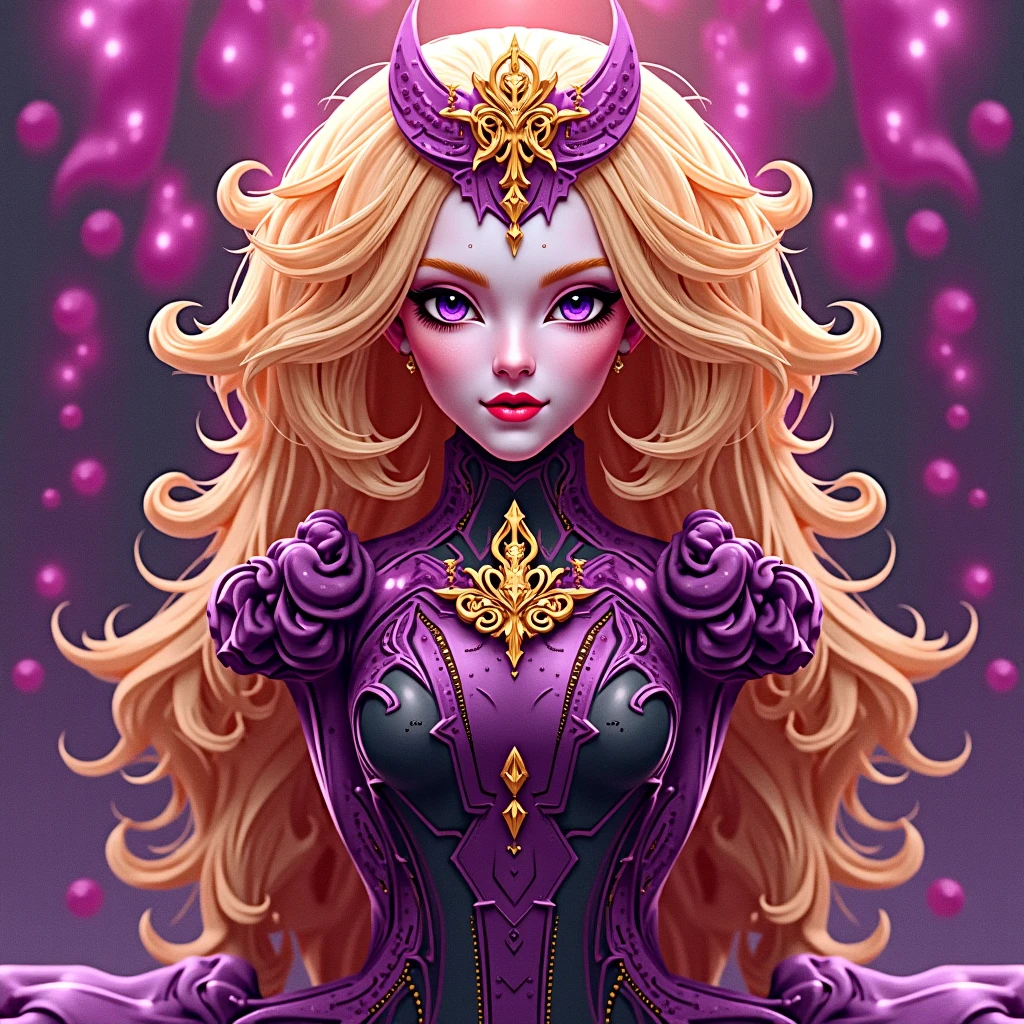 drag queen, purple skin, eye makeup, art, best quality, masterpiece, digital illustration, big hair, (flat color:1.3), drawing, white hair, <lora:AlienQueen:0.8>
