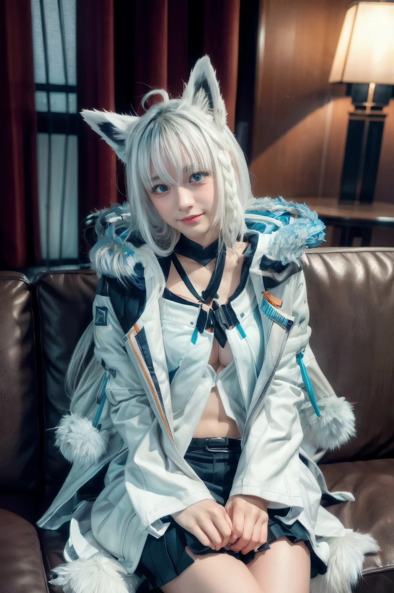 Kitsune woman, 20 years old, white hair with fox ears, blue eyes and 9 white tails, spectacular body, black clothes, white skin and smiling.