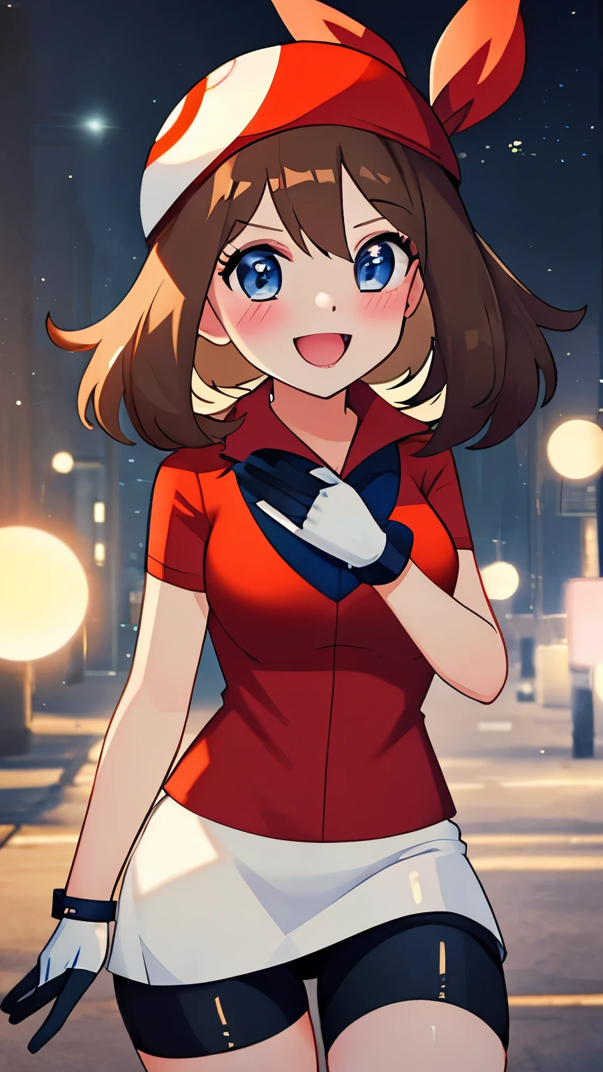 lumen reflections, Natural lighting, Evocative, Triad color schemes, Cowboy Shot, Elegant, Voluptuous:0.6, Looking at Viewer, 1girl in, Female, Solo, blush, Open mouth, Smile, 牙, SFW, May, Brown hair, Medium Hair, Blue eyes, bandana, Red bandana, Shirt, Red Shirt, Short sleeve shirt, Skirt, White skirt, Mini skirt, Shorts, Dark blue shorts, Bicycle Shorts, Shorts under skirt, gloves, White Gloves,directly in front,full bodyesbian
