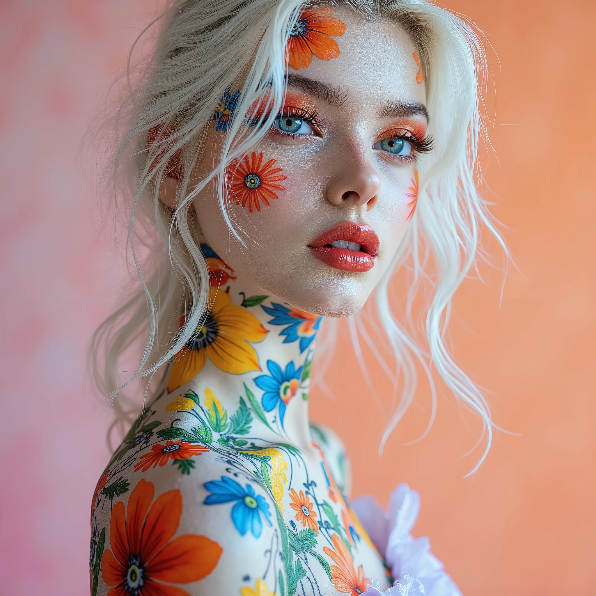 ((hyperrealistic full body)), a young woman with colorful, detailed flowers painted or tattooed on her face and body, neck, shoulders, and waist. ((symmetrical waist)), a model's pose, her face is in focus, and is a white hue evoking fine porcelain. Her serene expression emphasizes her vivid blue-green eyes, enhanced with warm reddish eyeshadow, and her full, glossy red lips. Slavic woman with soft, flowing white hair with loose curls framing her face naturally. The flowers are highly detailed and vibrant, with bright red, blue, yellow, and green hues, carefully arranged like an organic piece of art. The background is soft and pastel, with a smooth transition from pink to orange, complementing the colorful flowers and their natural beauty. The lighting is soft and diffused, highlighting the realistic texture of her skin and adding depth. The overall style blends photorealism and fantasy, with an artistic, dreamlike quality. High definition, ultra-detailed and smooth lines, perfect skin texture, award-winning artistry, fantasy realism style.