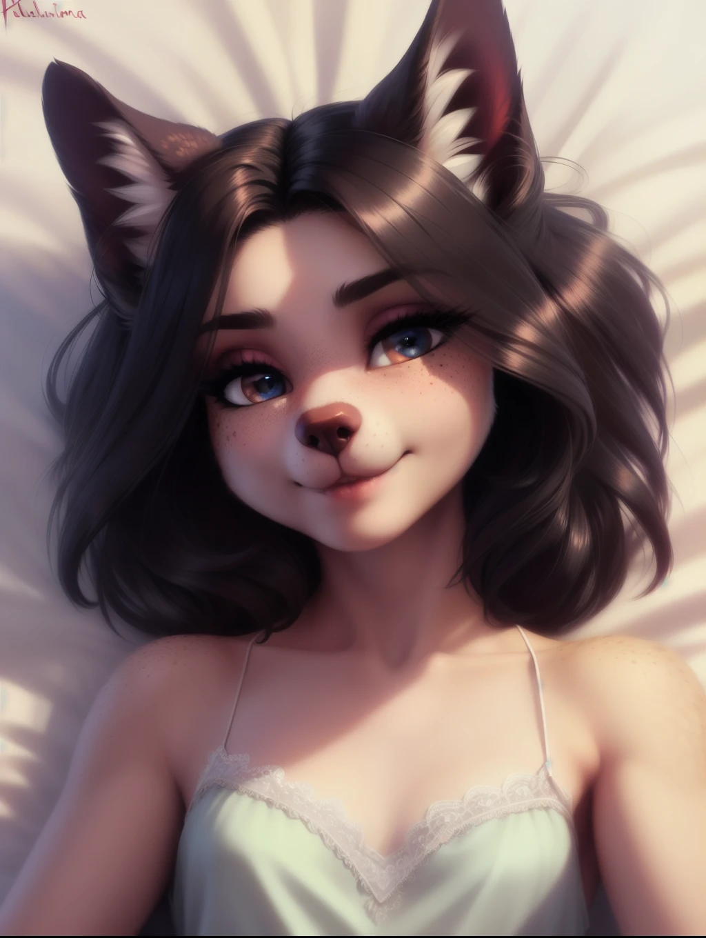 beautiful and detailed upper body portrait , ((young 13 year old anthro domistic canine, dirty cloths, peasant)), anatomically correct, Schlank, Hochgeladen E621, detailed flauschige fur, (von Fluff-Kevlar, Iskra, personalami, Pino Daeni), 1girl, adorable, bedroll , 1girl, realistic, ultra sharp image, view from above, (solo), highly detailed, first person view, masterpiece, (lying on her back), flat chest, medium length hair, dark hair, perfect eyes, absurd resolution, cute snout, eyelashes, (kissy face), (Kissing mouth), young girl, detailed facial features, sharp focus, selfie, ((full body 1:2)), fluffy tail, blushing,