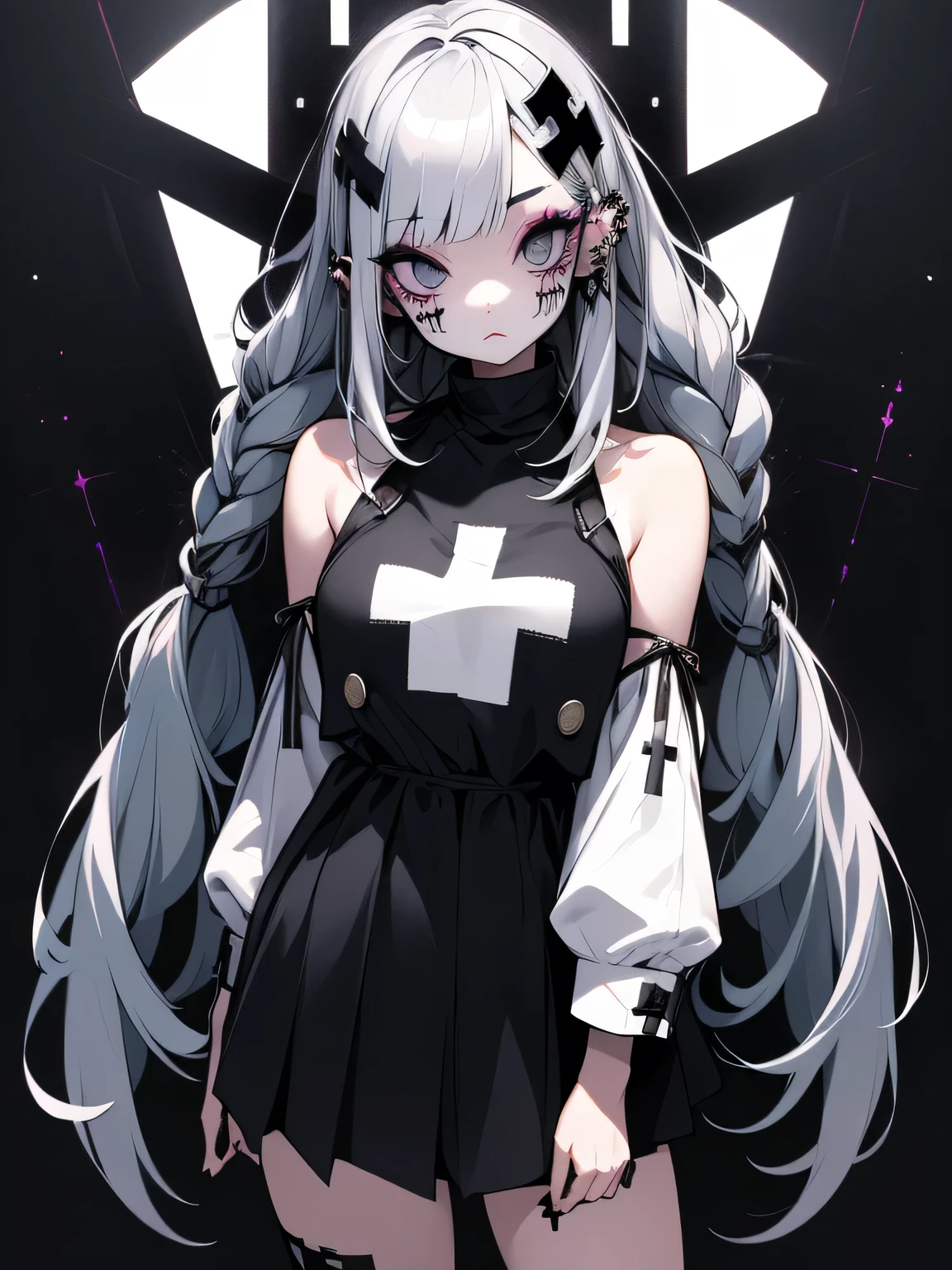 (score_9, score_8_up, score_7_up), 1girl, black eyes, long hair, hime cut, nun outfit, nun headwear, pelvic curtain, broken halo, energy wings, looking at viewer, upper body, zoom out, small breasts, calm, portrait, black background,