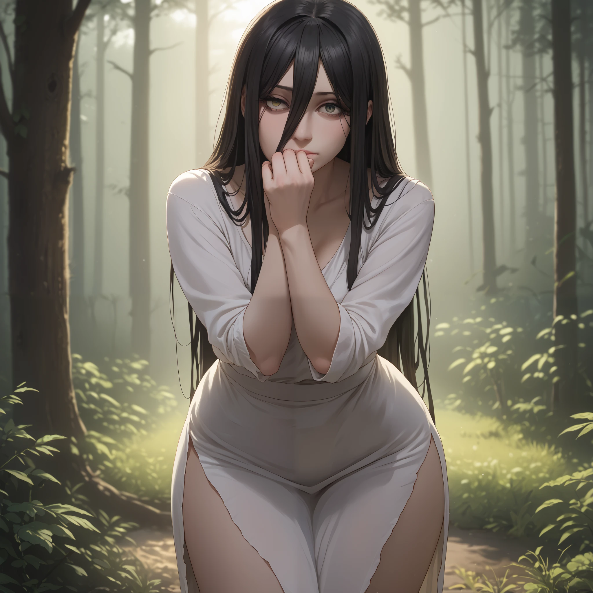 A 19-year-old girl with short shoulder-length black hair and blue eyes., naked being penetrated by a naked fat man, In the woods.