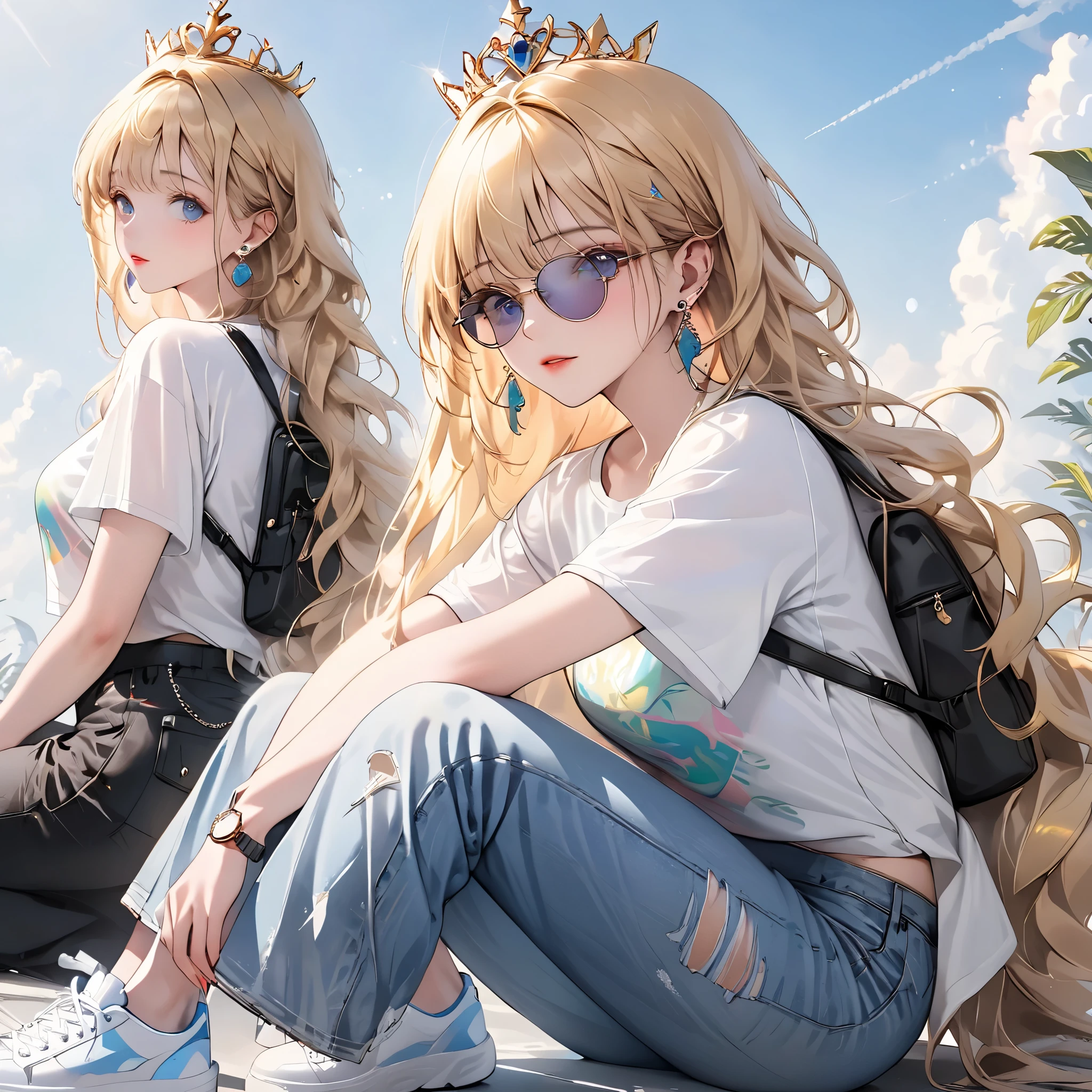 (beautiful girl:1.3),1girl,masterpiece,Highest quality,Ultra-high resolution,rich contrast,super high quality,8k,Highly detailed CG unit wallpaper,texture,Incredibly absurd,Ultra-high resolution,Highest quality anime,professional photograph,an extremely delicate and beautiful,RAW Photos,Depth of Field 1.2,ultra-detailed eyes,Glitter Effect,Beautiful glossy lips, 25years old, gorgeous legs, noise perfect, gorgeous ass, 1girl, gorgeous ass, dynamic pose, sensual woman, seductive woman, mature woman, Milf, maternal, shy look, full body, blonde hair, long hair, blue eyes, crown, jewelry, earrings, Princess Peach, (type of photo: medium shot, portraying the person from head to waist), Casual Chic Set (Urban Style): Upper: Light gray oversized cotton T-shirt with an abstract artistic print in pastel tones. The neck is round and slightly elastic. Bottom: High-waisted, straight-cut jeans, worn at the thighs and subtly ripped at the knees. Shoes: White sports shoes, with metallic details on the sides. Accessories: Large sunglasses, black leather backpack and a minimalist watch.