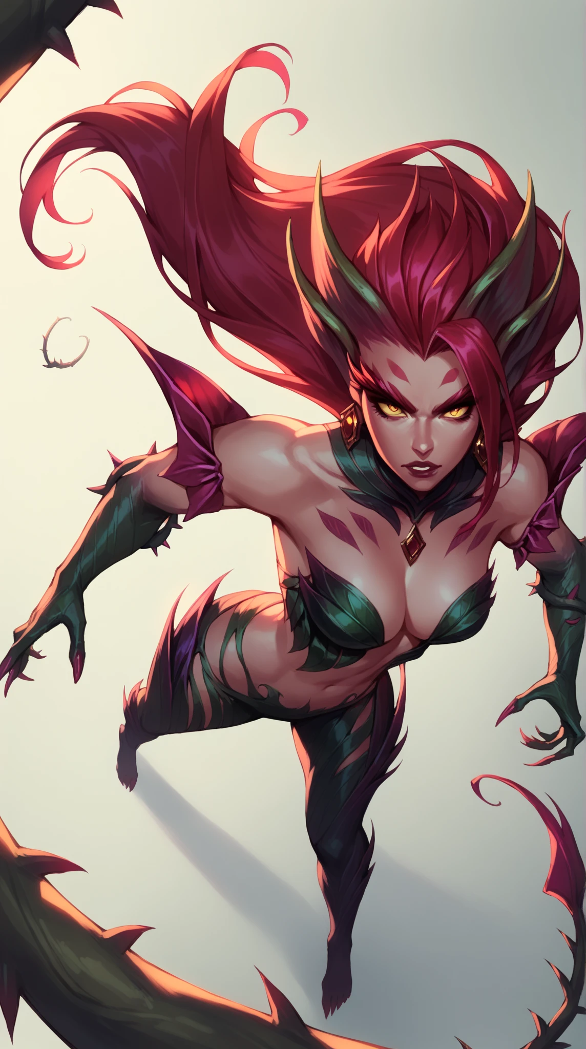 Zyra - Rise of the Thorns - League of Legends a high definition, 8k, Cara detallada, mostrando su pecho, delgado y delgado, body of equal proportion in his chest)), random view, cuatro dedos y 1 pulgar, ((2 manos , expresion facial random at viewer, pose de su cuerpo aleatoria