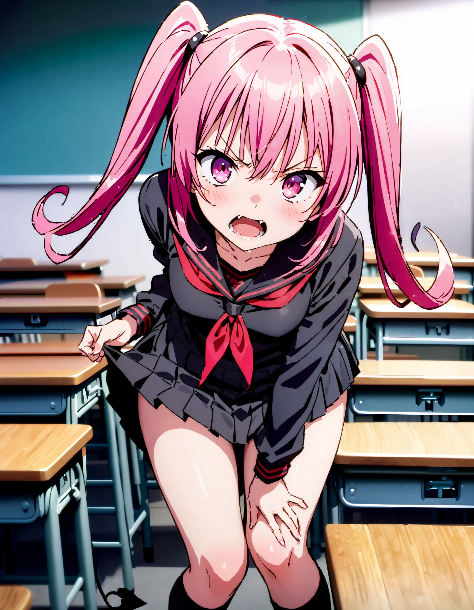 Nana Devil, Nana Asta Deviluk,Solo fangs , long hair, pink eye, pink hair with a scar, demon tail , Twin Tails, small tits, Embarrassing,blush,Angry, open their mouths, Long Sleeve,Black sailor suit, black mini pleated skirt ,Black socks,Brown loafers, Tight skirt tug, style lifting hold the skirt with both hands,whole bodyがイラストに入るように,
break looking at viewer,whole body,
break indoors, classroom,
break (masterpiece:1.2), top quality, high resolution, unity 8k 壁紙 , (shape:0.8), ( attention to beautiful details :1.6), Highly Detailed Face , perfect lighting, highly detailed CG, ( perfect hand, perfect anatomy),