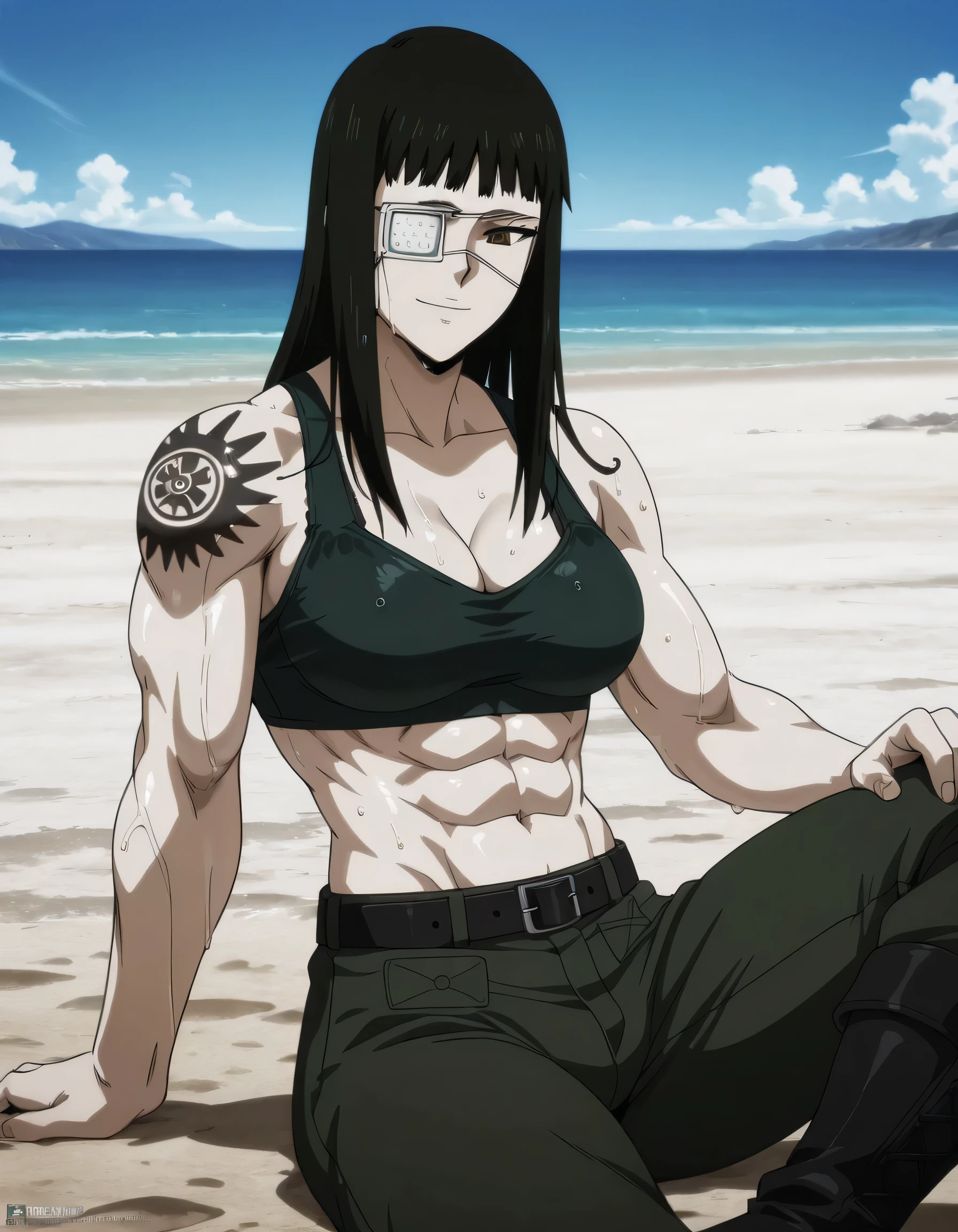 "muscular military, sculpted body, tattoo on girl's shoulder"