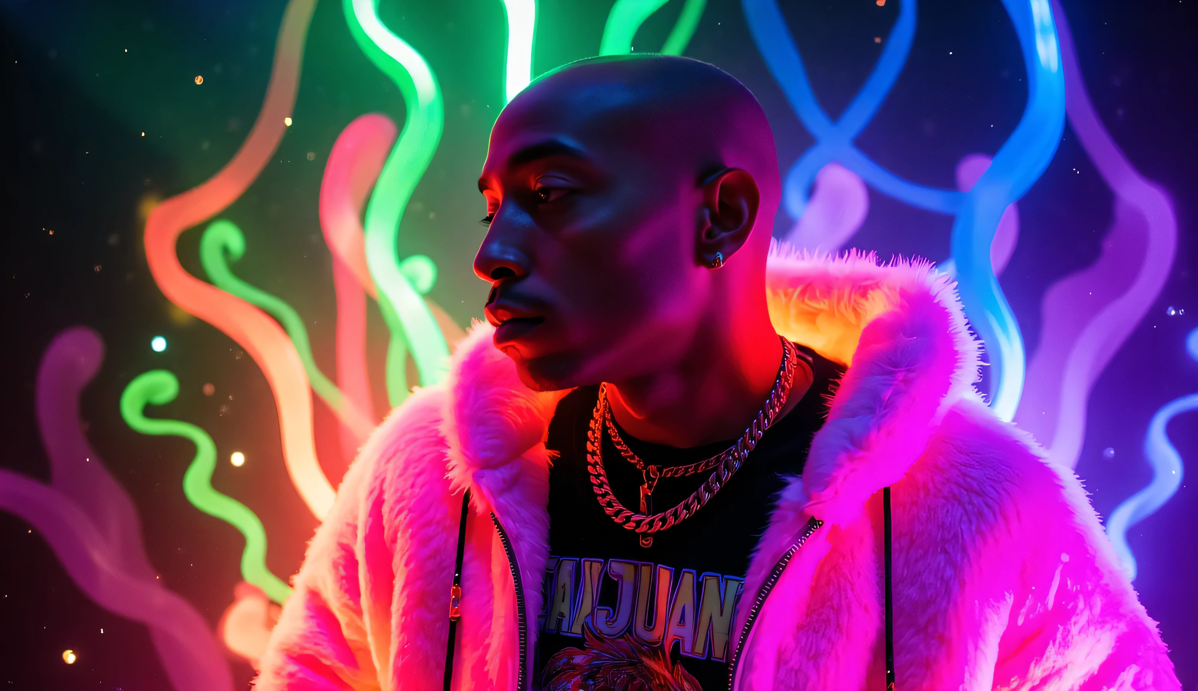 gr!llz, person Nztykle bald head in the style of Jed-clrfl , shide shot side pose standing sideways Ebony character enveloped in intense thick colored energy.The character has luminous peacock color skin, wearing a fur bubble jacket with shirt underneath with bold text that says "Talijuano", bold gold chain aesthetic_pos3, Their face is obscured by the overwhelming thick glow::7.2 , large anime energy aura size 6 inches from body emphasizing the sheer power they are unleashing::6.4 , fish eye lens realistic photograph