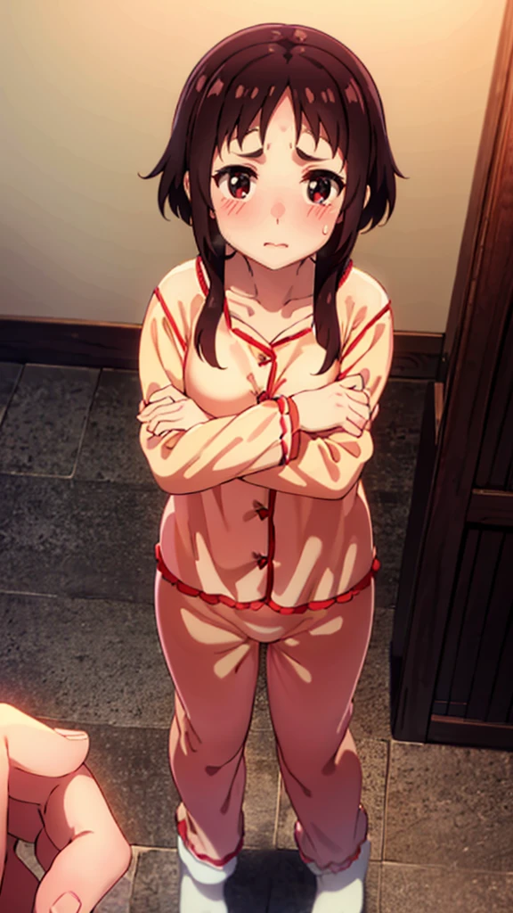 (masterpiece, Highest quality), One girl, Yunyun,Long Hair,Braiding,Twin tails,Hair between the eyes,Red hair ribbon,hair ornaments,large round breasts,、Black Hair、Red Eyes、(Embarrassed face:1.2)、bed、Crown Blade,(Yellow off-the-shoulder pajamas:1.5)、(blush:1.2)、bedにうつ伏せ、(Only pink underwear:1.5)