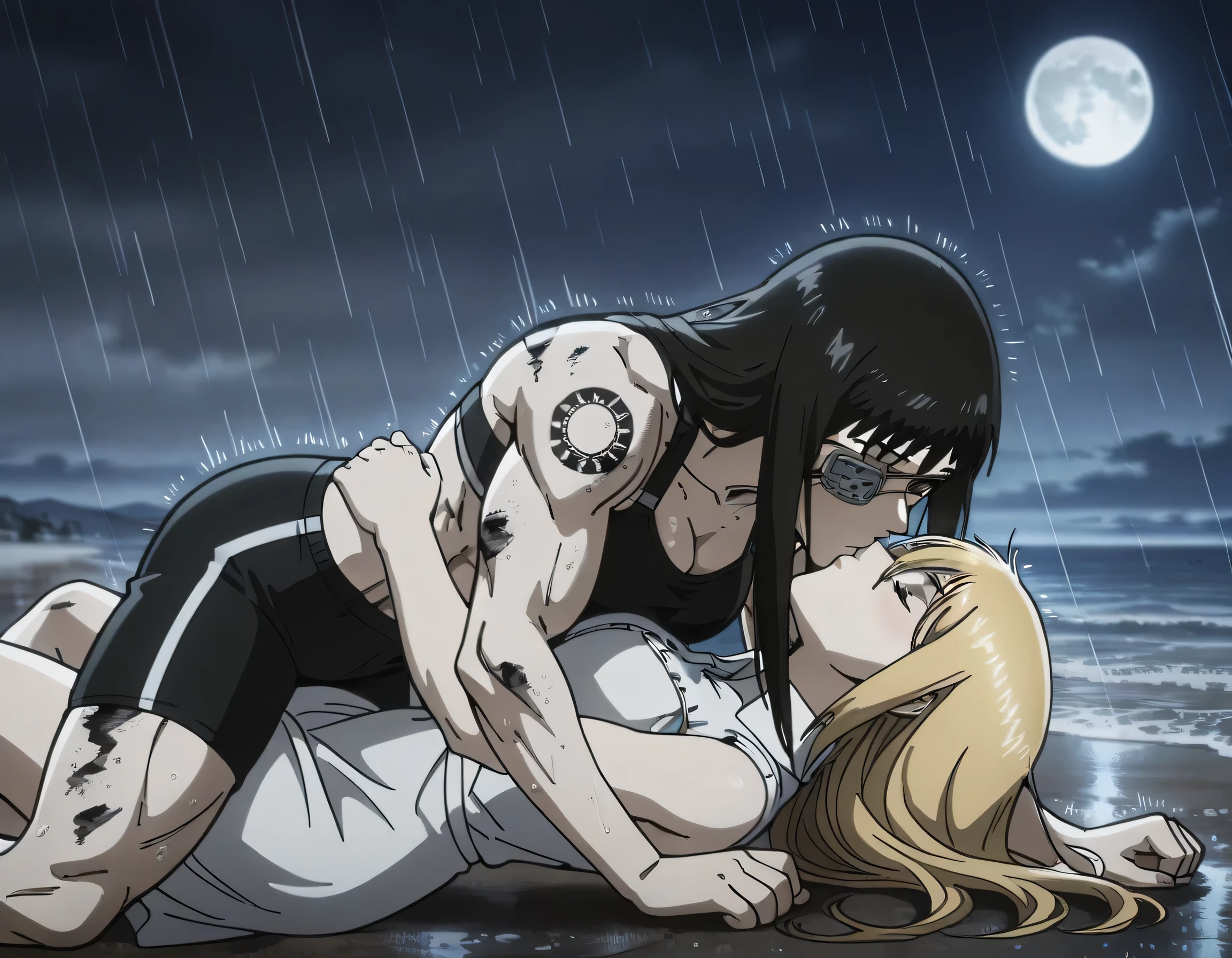 2girl,,mm,mature female,black hair,eyepatch,brown eyes,medium breasts,anime coloring,long hair, muscular,black sport bra and black sport shorts,cowboy shot,beach, tattoo, ,masterpiece,best quality,amazing quality,having a penis,Valmet enjoy kissing,muscles detailed,muscles lines,pelvis muscles,Shining muscles,, , blonde hair long hair historia reiss with valmet ,,lesbians,yuri,romantic yuri,historia reiss love,historia reiss soft body,historia reiss closed eyes,historia plush face,bodys stuck together,Valmet hands on historia reiss,historia reiss with beautiful Curves,historia reiss hands around Valmet back,historia reiss not having any muscles historia reiss kissing Valmet wets bodys,dynamic sex,,in night,moon,shadows on character's body,historia reiss wearing white dress sleeveless,wets,raining,historia reiss laying her back on ground,Valmet above historia reiss,historia reiss open legs,Valmet her body laying top on historia reiss,sleeping kissing,historia reiss and valmet kissing deep,historia Reiss open legs to Valmet waist,historia reiss body small than valmet body,difference body sizes,Valmet taller than historia reiss,,Valmet ×historia reiss